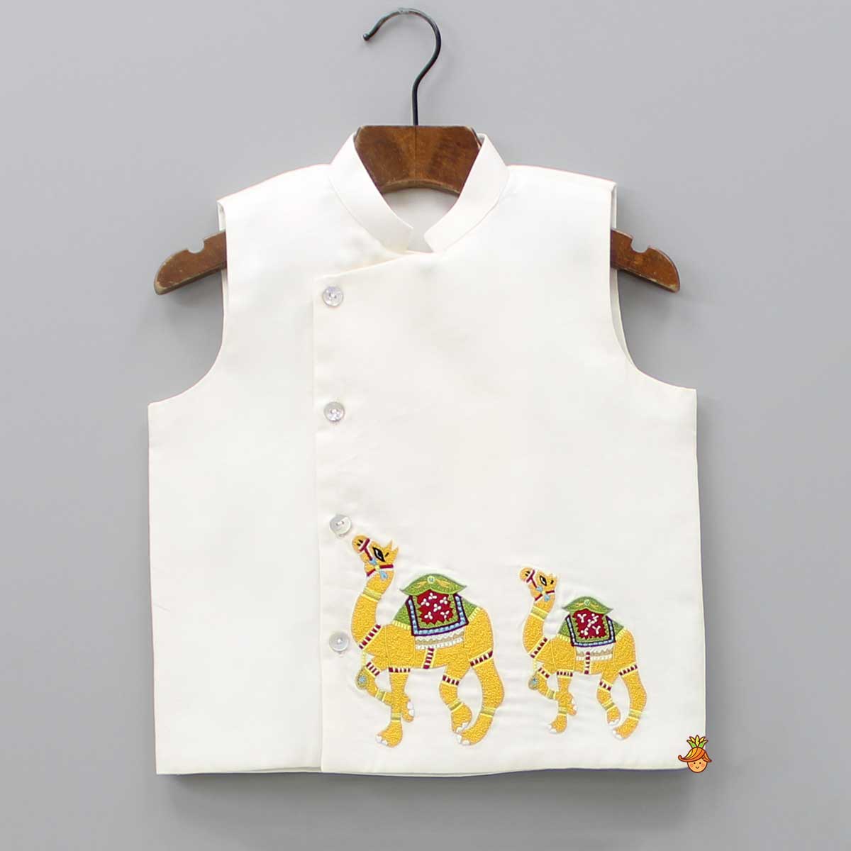 Mustard Kurta With Camel Embroidered Jacket And Pyjama