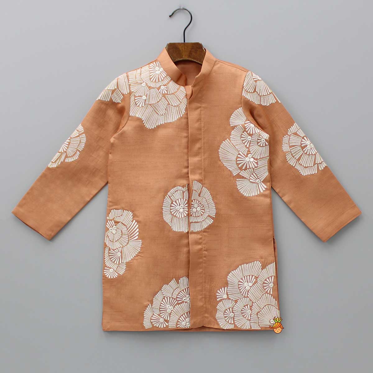 Thread Embroidered Peach Kurta And Off White Pyjama