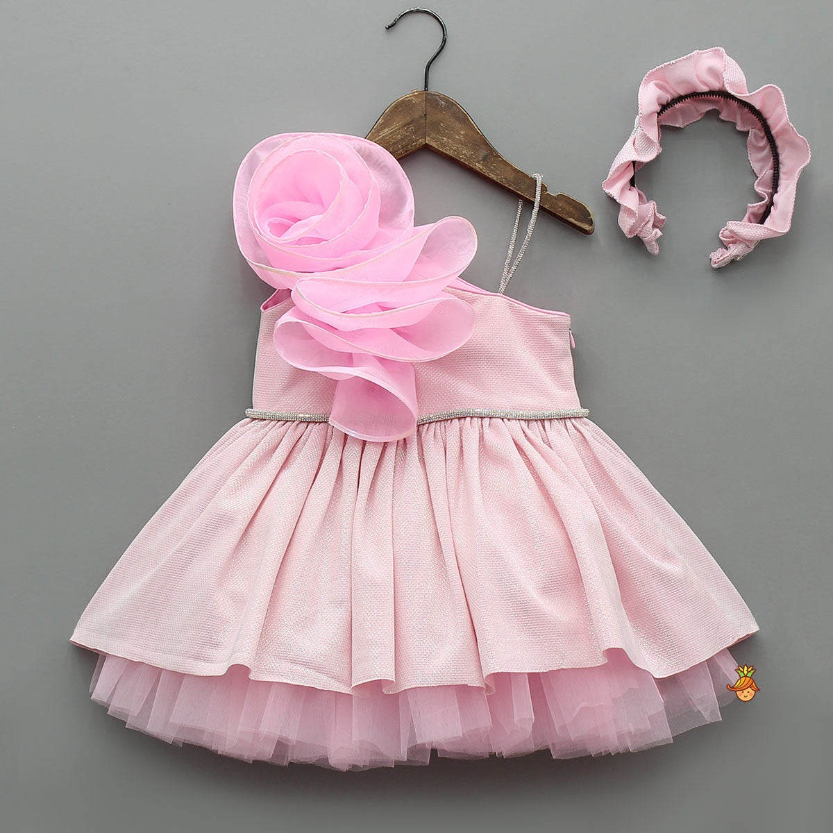 Flower Adorned One Shoulder Dress With Matching Hairband