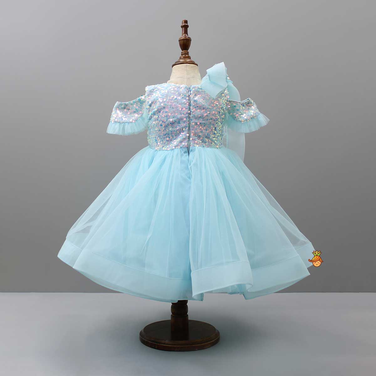 Cold Shoulder Layered Ruffle Net Blue Dress