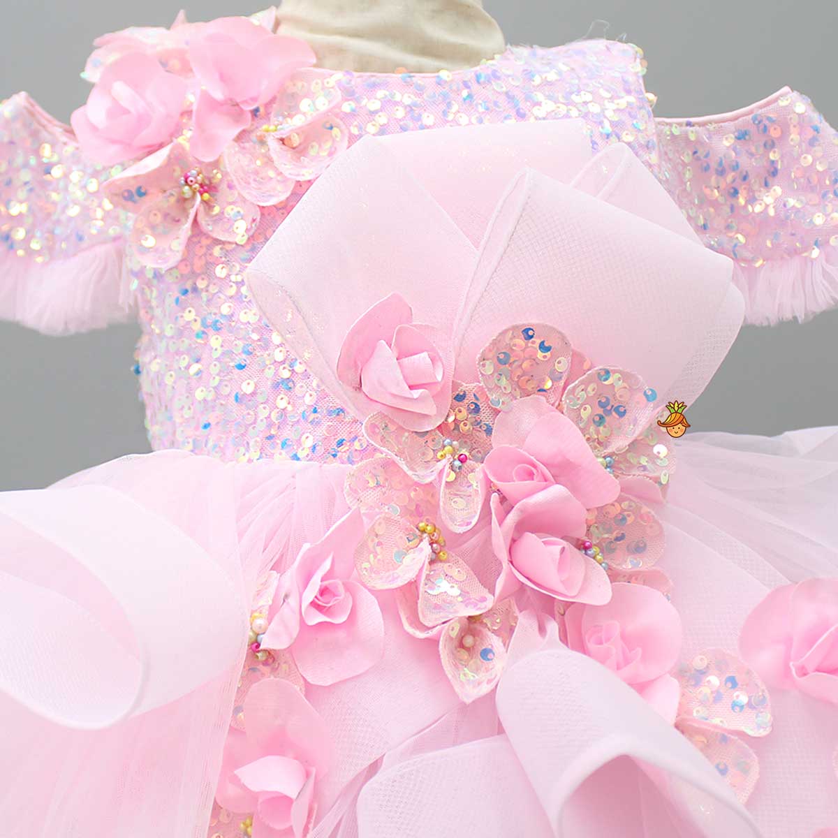 Sequin Detail Yoke Layered Ruffle Net Pink Dress