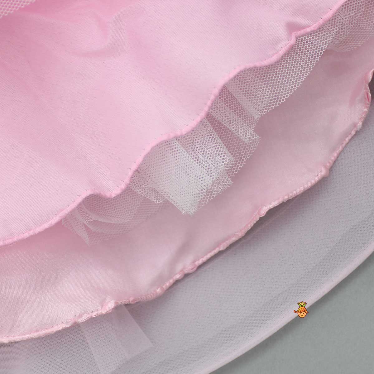 Sequin Detail Yoke Layered Ruffle Net Pink Dress