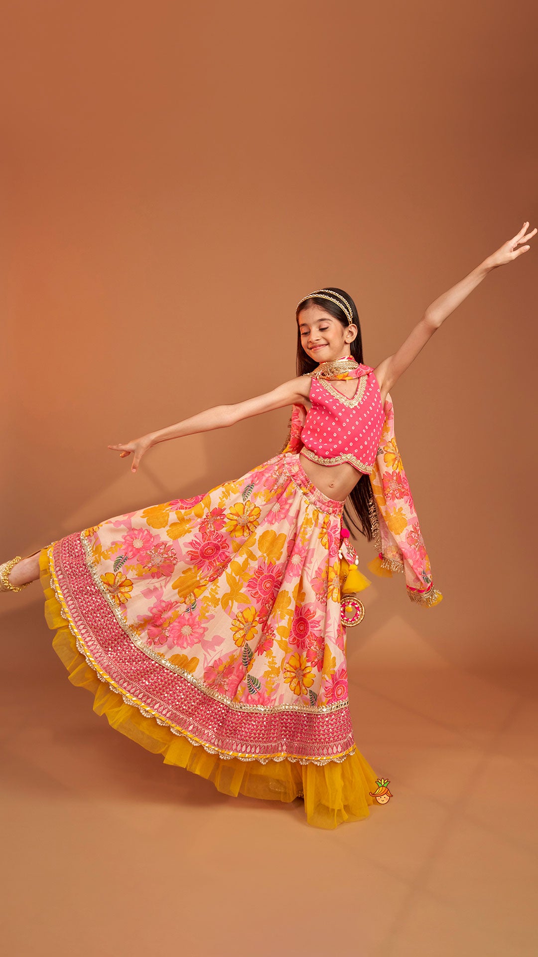 Bandhani Printed Top And Floral Printed Layered Lehenga With Matching Dupatta