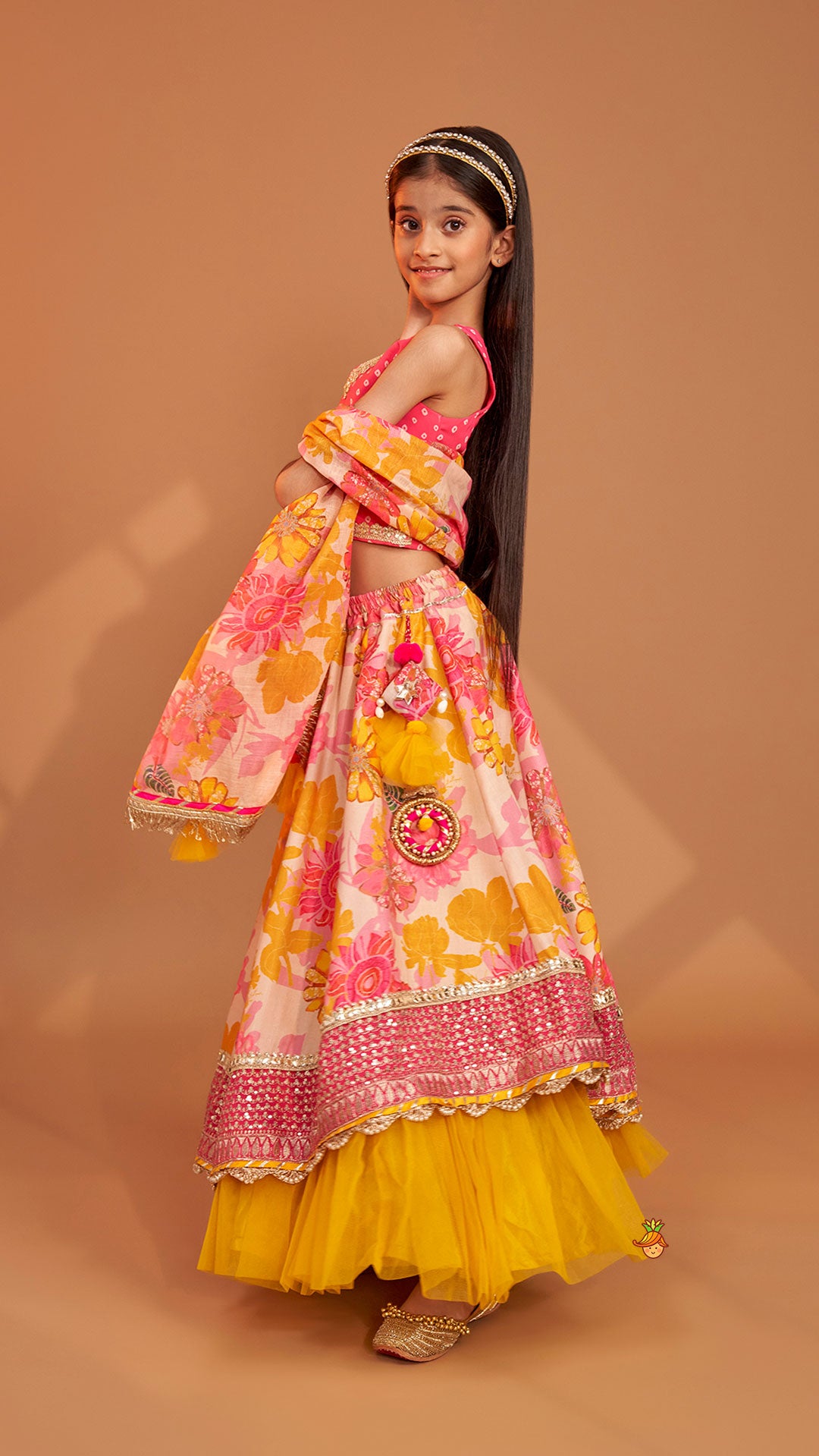 Bandhani Printed Top And Floral Printed Layered Lehenga With Matching Dupatta