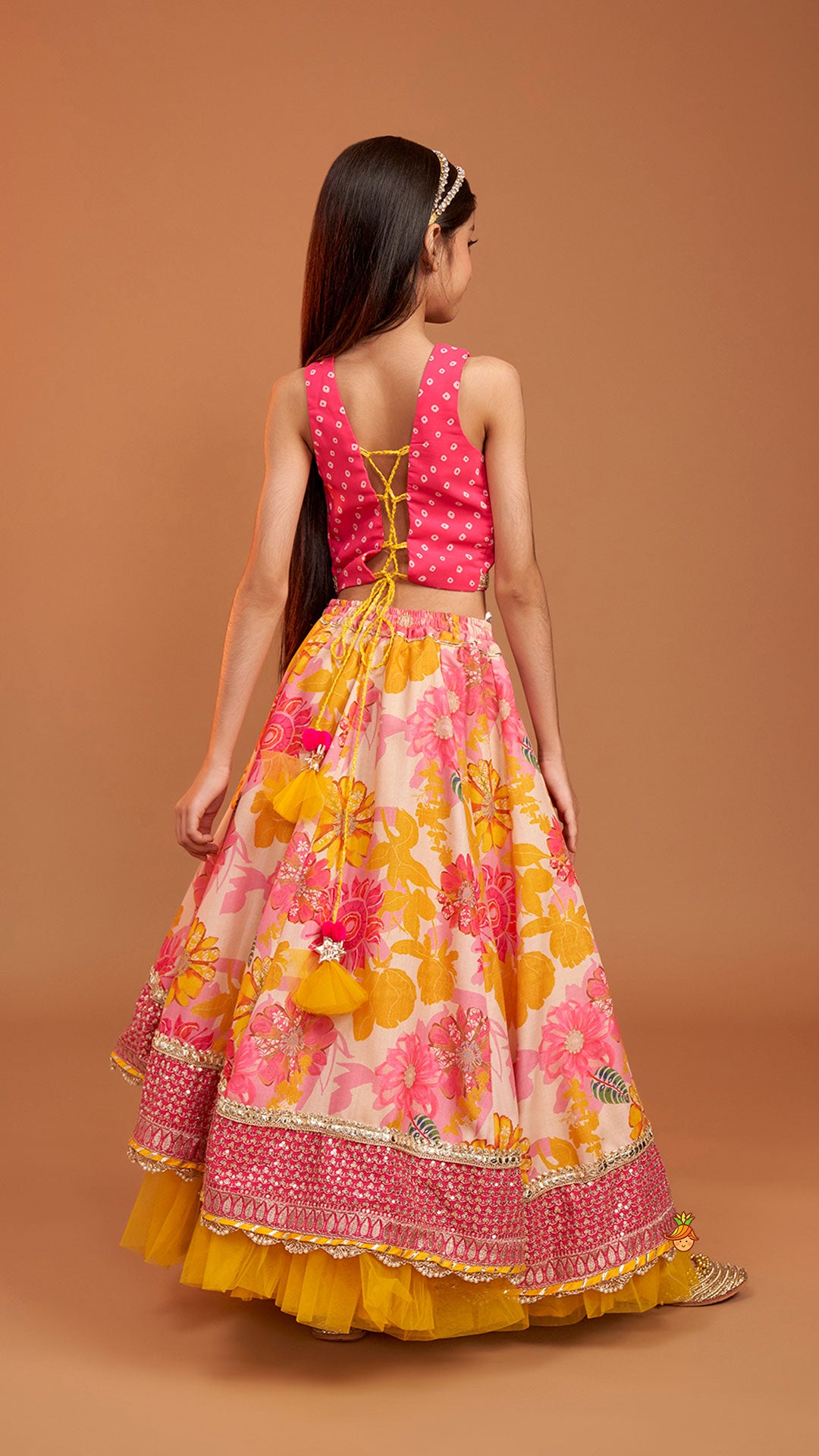 Bandhani Printed Top And Floral Printed Layered Lehenga With Matching Dupatta