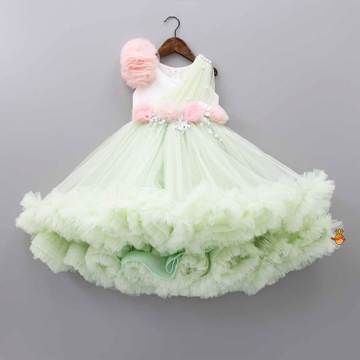 Pearl Detail Flared Green High Low Gown