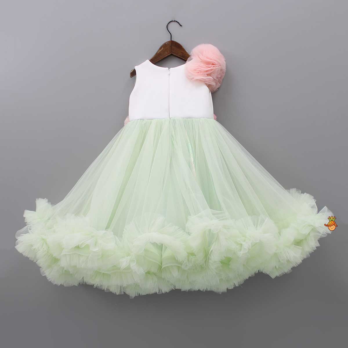 Pearl Detail Flared Green High Low Gown