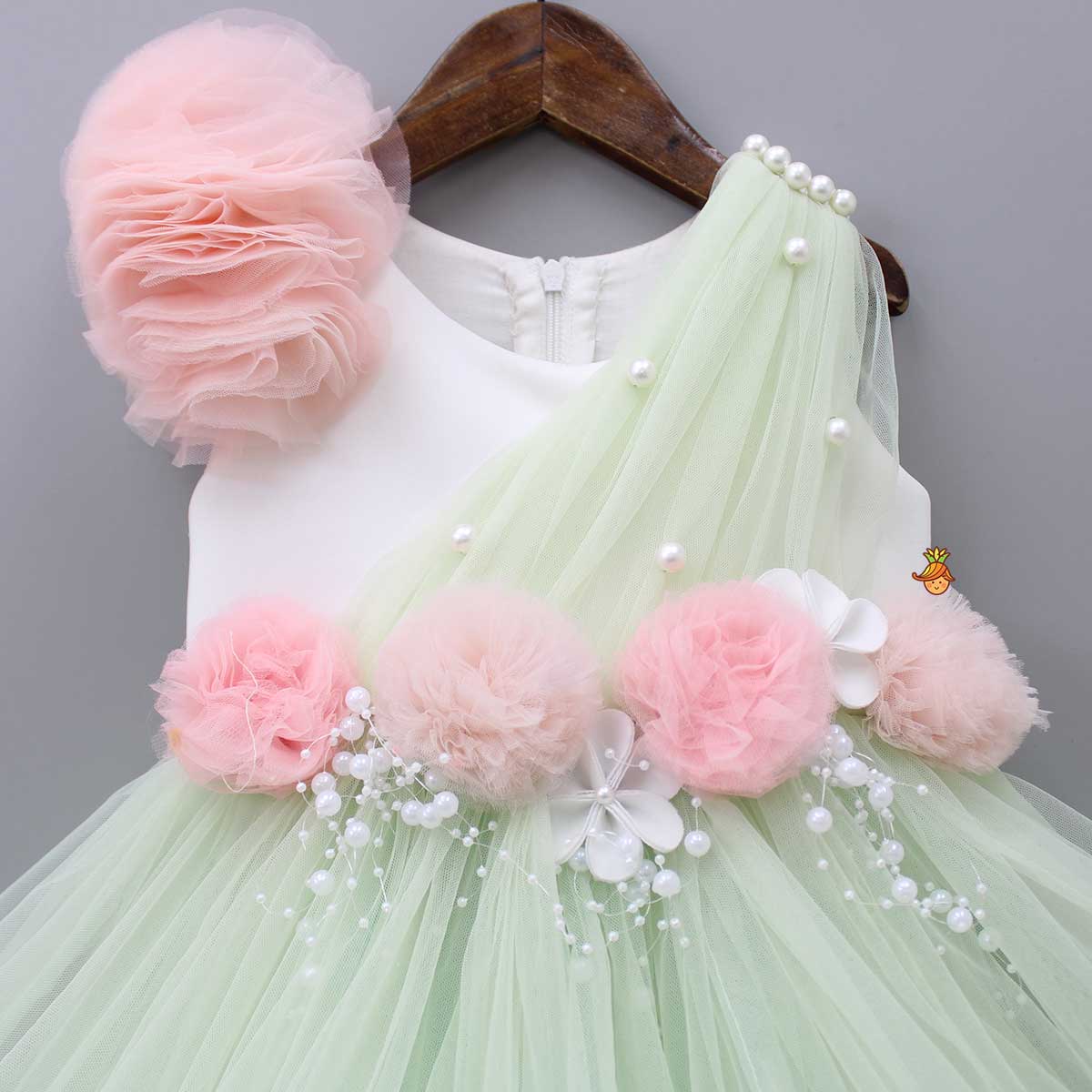 Pearl Detail Flared Green High Low Gown