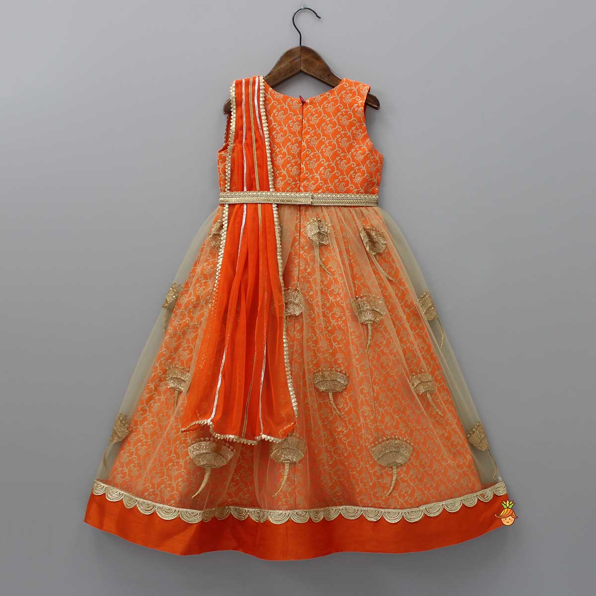 Orange Brocade Anarkali With Detachable Belt And Net Dupatta