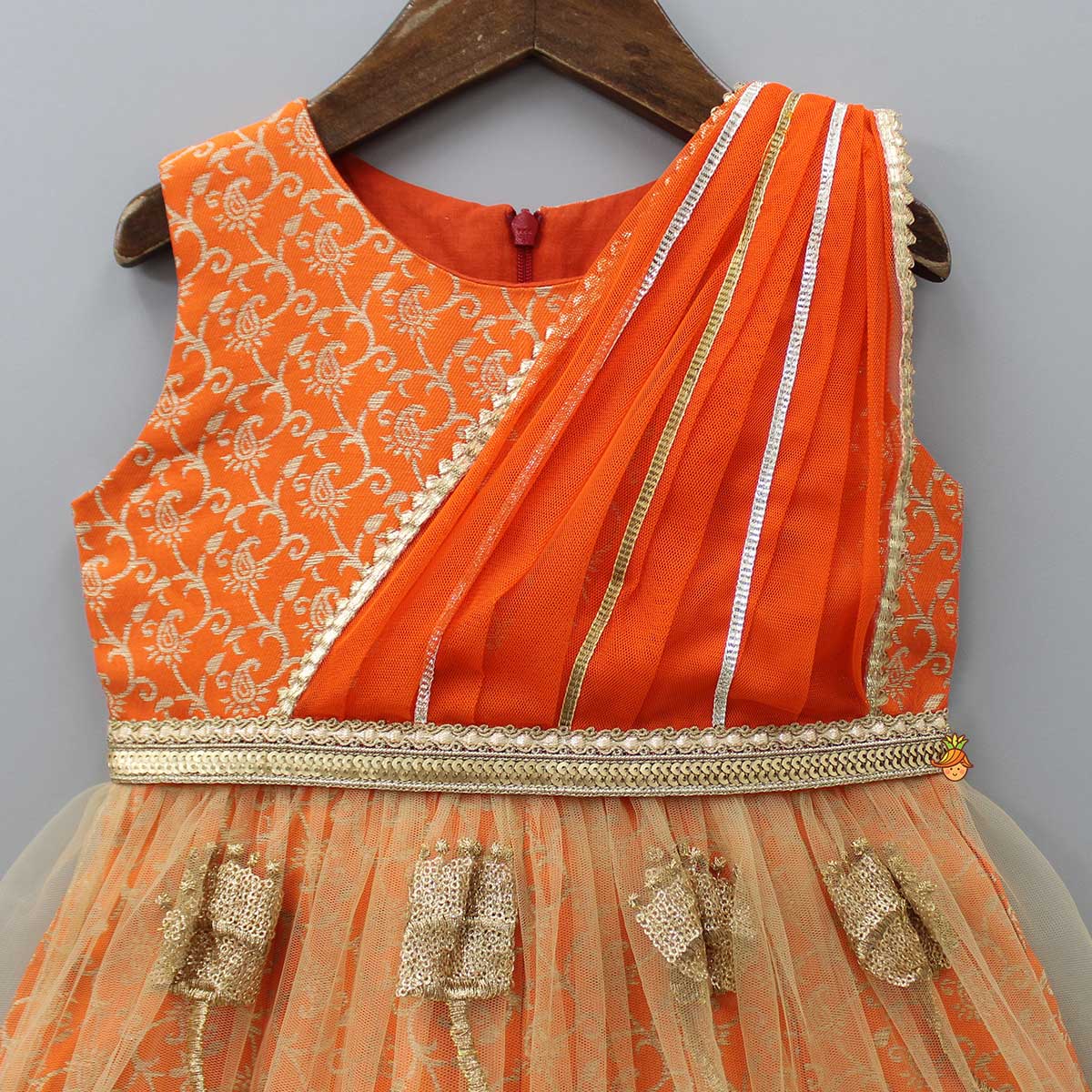 Orange Brocade Anarkali With Detachable Belt And Net Dupatta