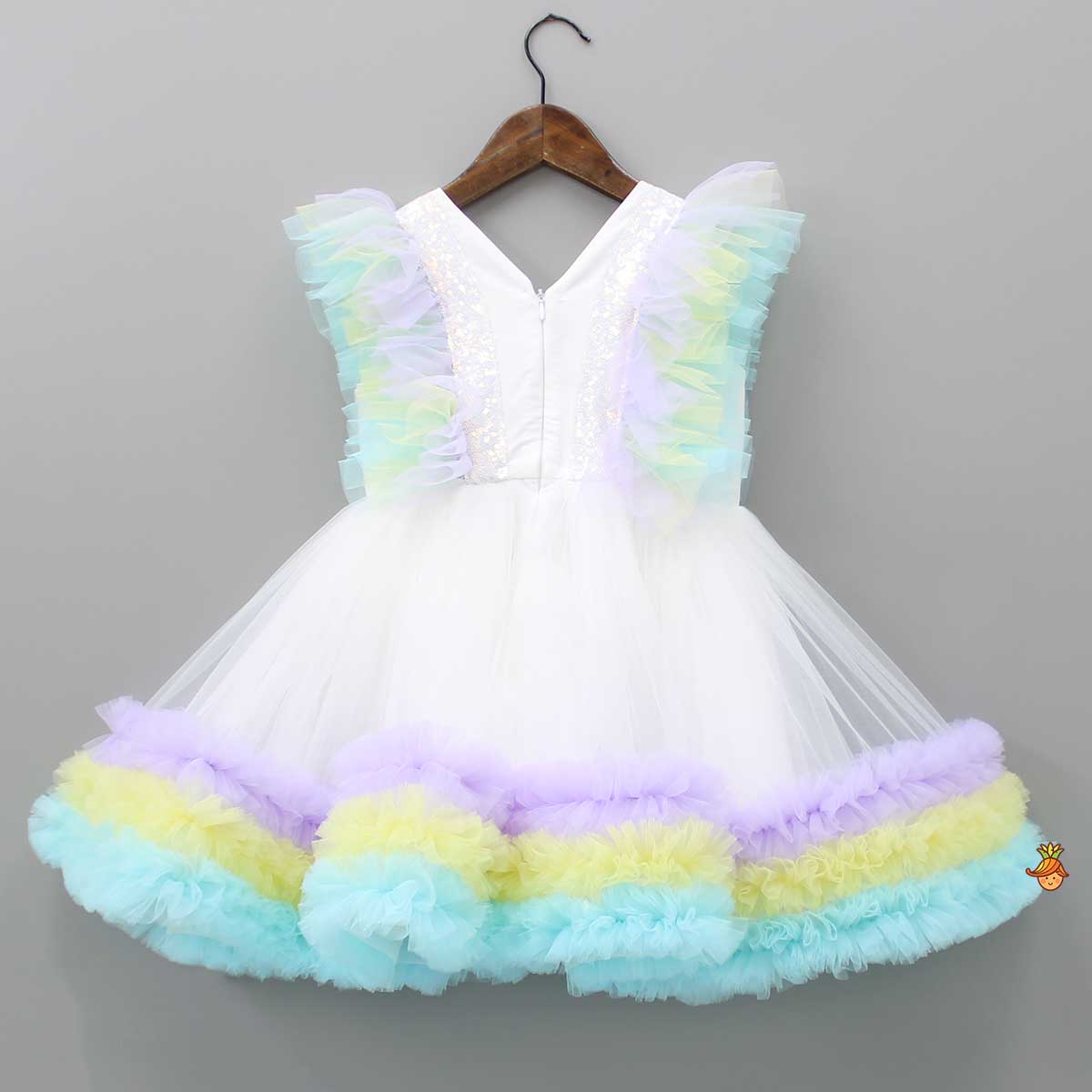 Sequin Embroidered Flared Ruffle Dress With Matching Hair Clip