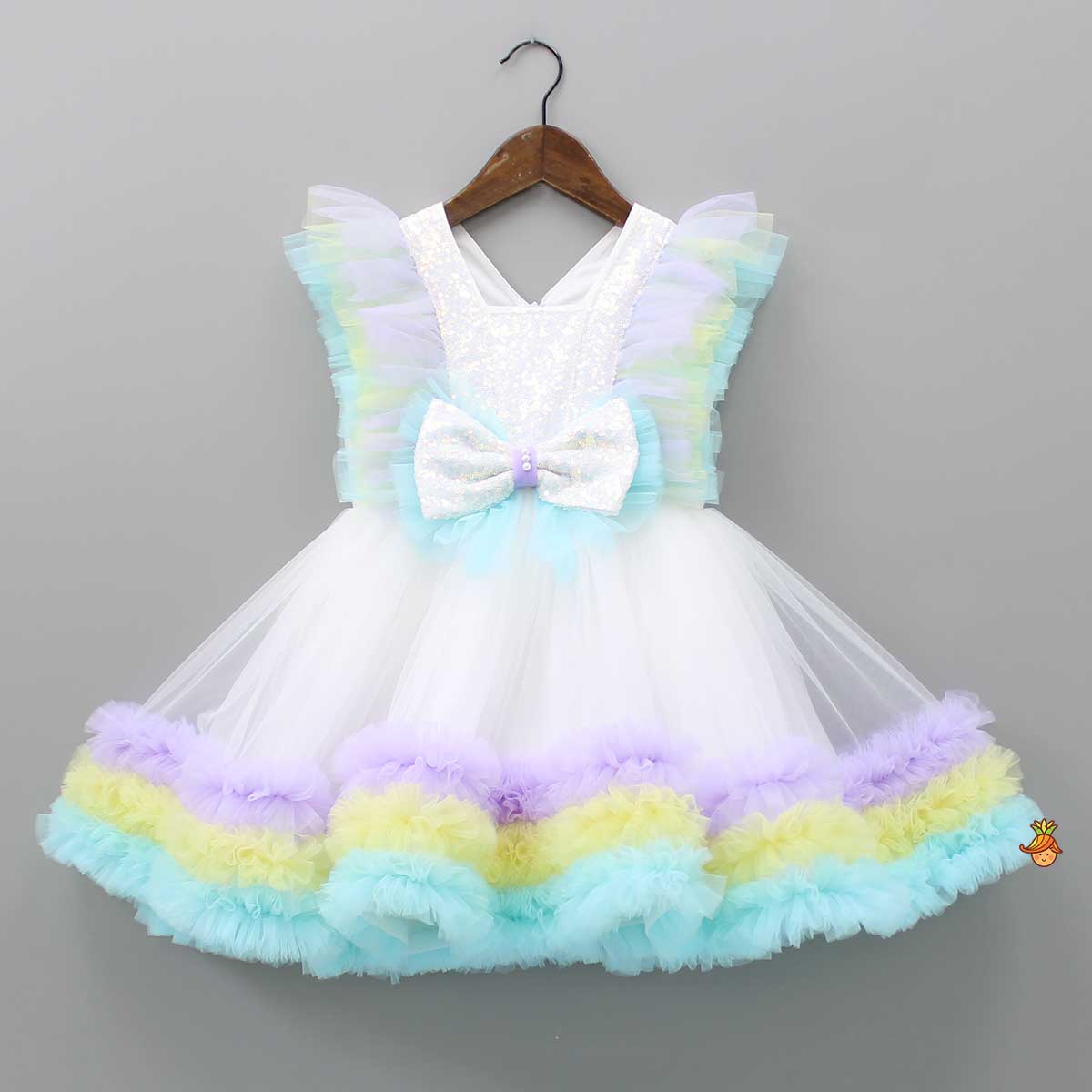Sequin Embroidered Flared Ruffle Dress With Matching Hair Clip