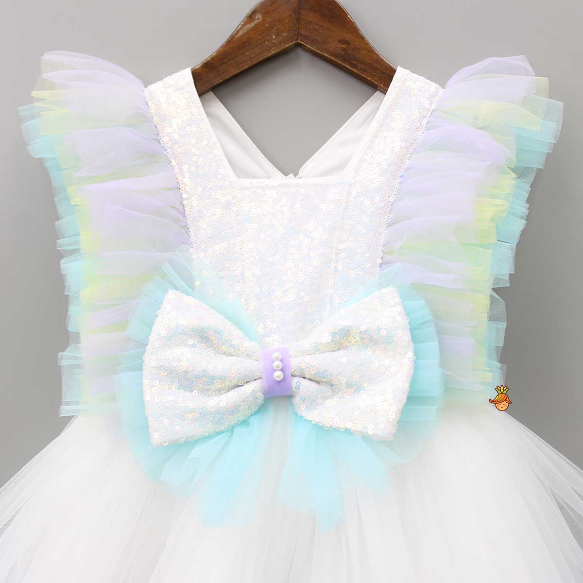 Sequin Embroidered Flared Ruffle Dress With Matching Hair Clip