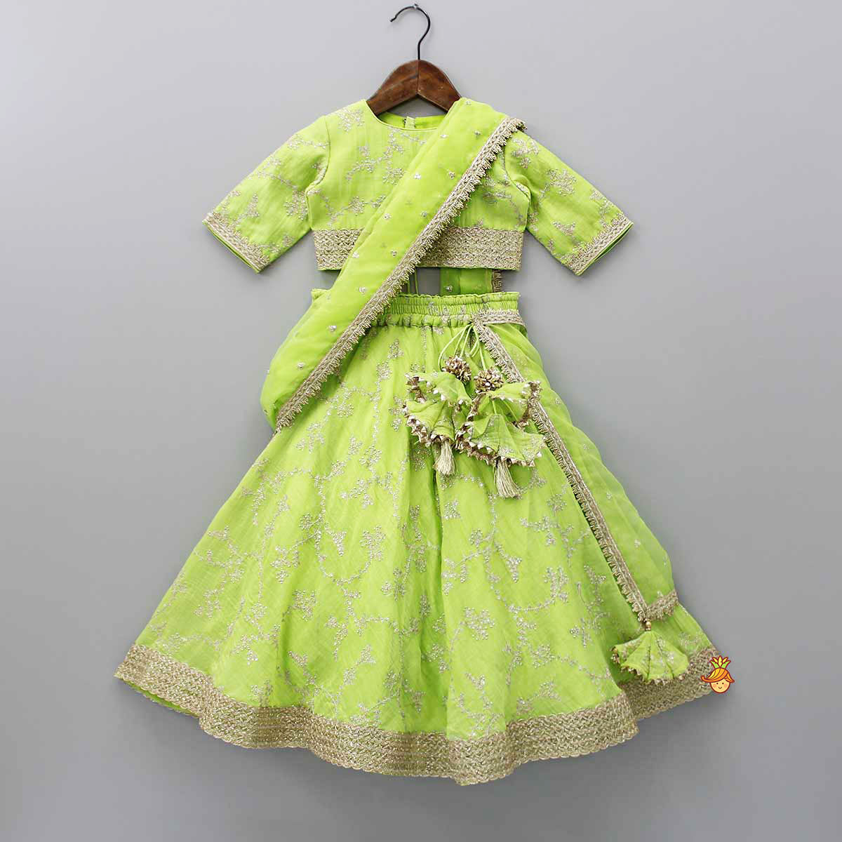 Green Embroidered Lacework Top With Lehenga And Attached Dupatta