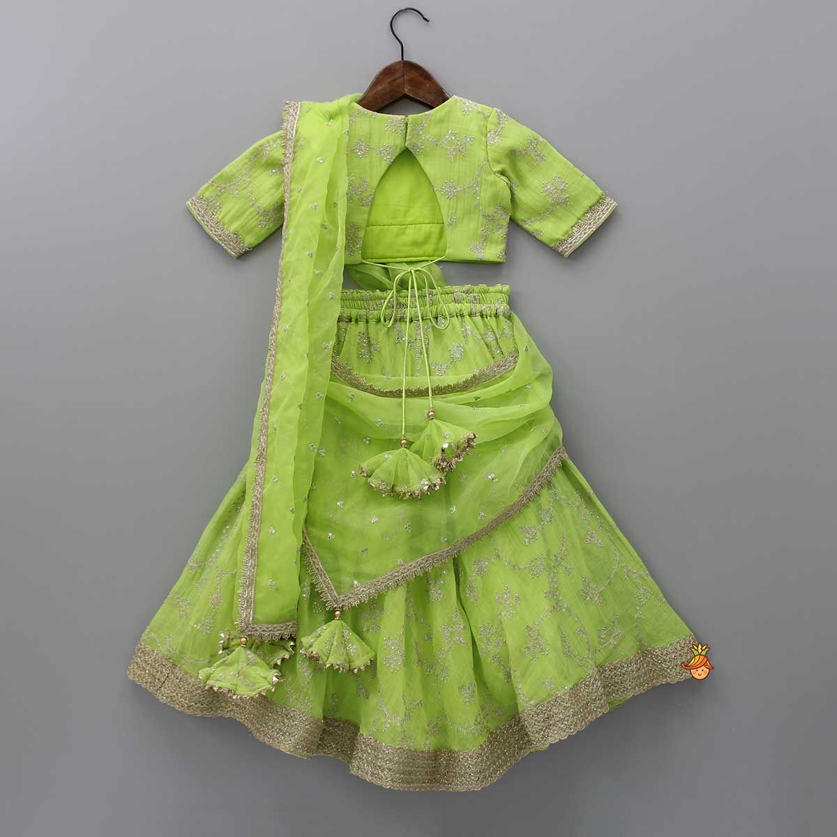 Green Embroidered Lacework Top With Lehenga And Attached Dupatta