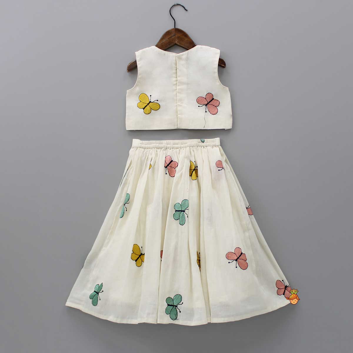 Butterfly Embroidered Off White Top And Lehenga