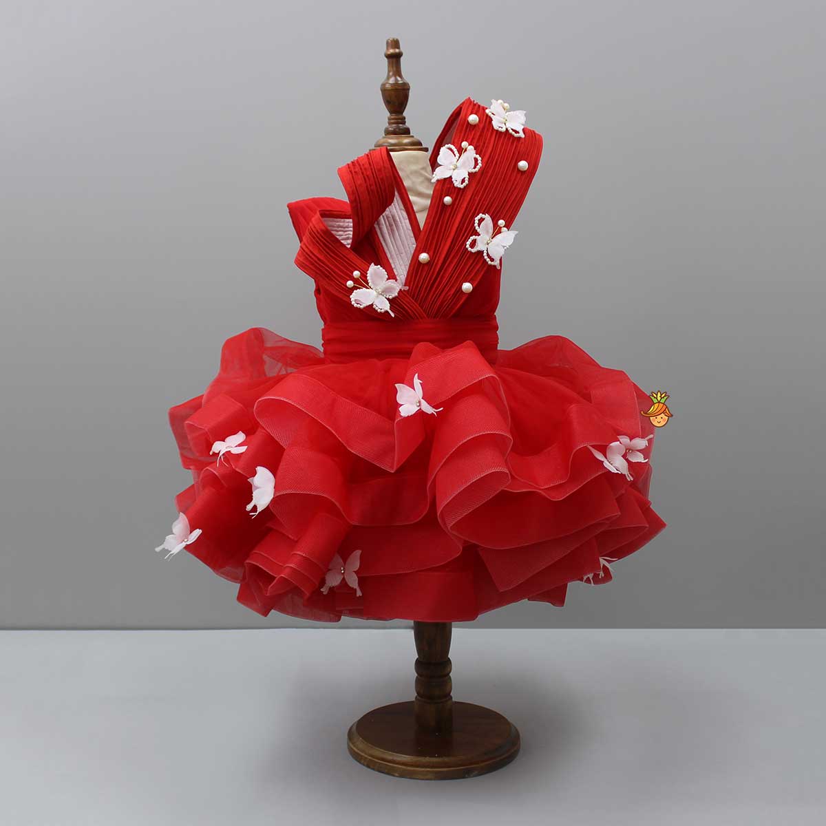 Red Pleated Yoke Butterfly Dress With Stiff Belt