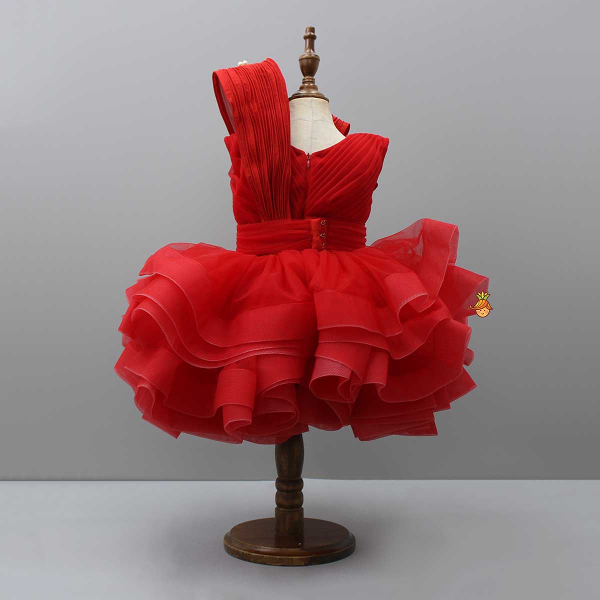 Red Pleated Yoke Butterfly Dress With Stiff Belt