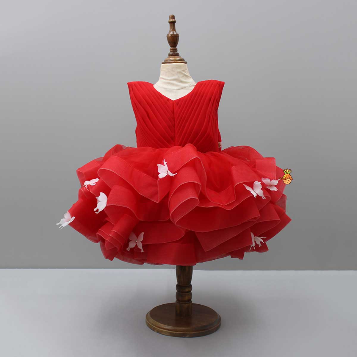 Red Pleated Yoke Butterfly Dress With Stiff Belt