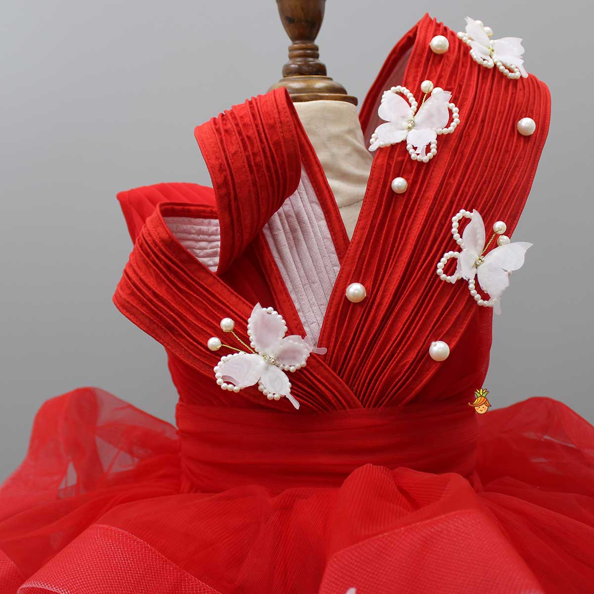 Red Pleated Yoke Butterfly Dress With Stiff Belt