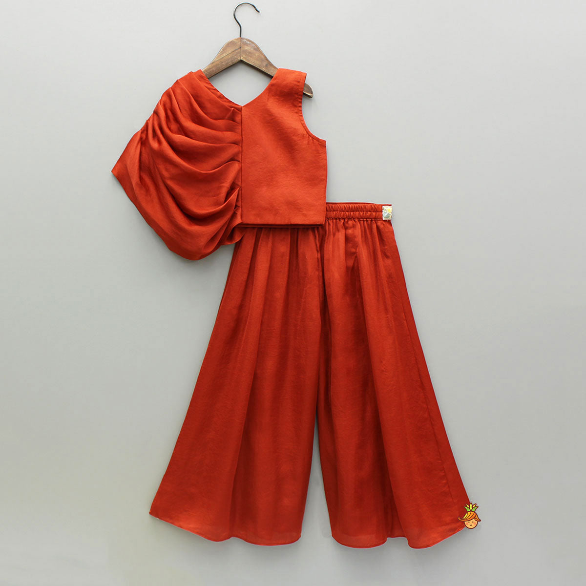 Leaf Adorned Rust Crop Top And Flared Palazzo