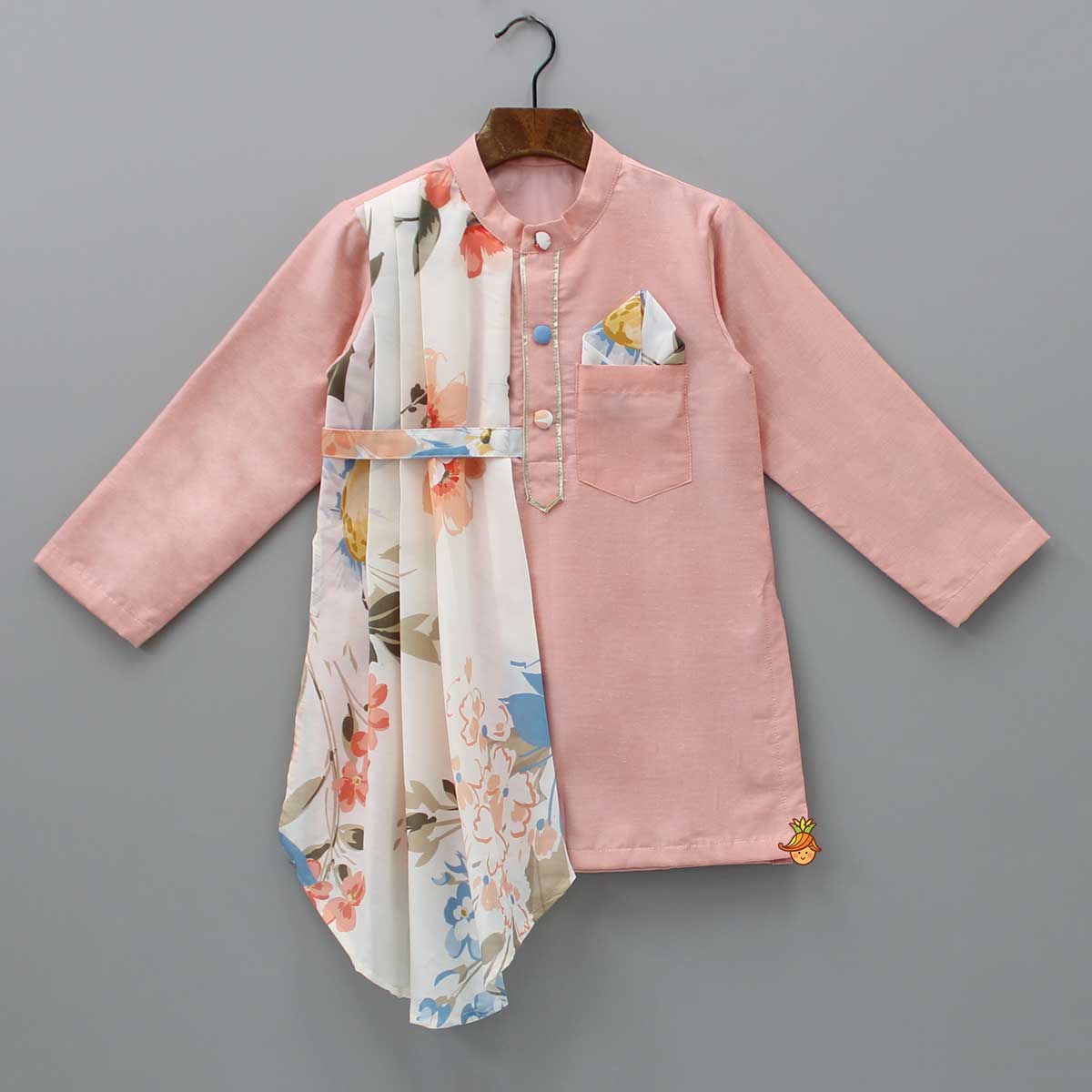 Peach Kurta With One Side Printed Panel And Pyjama