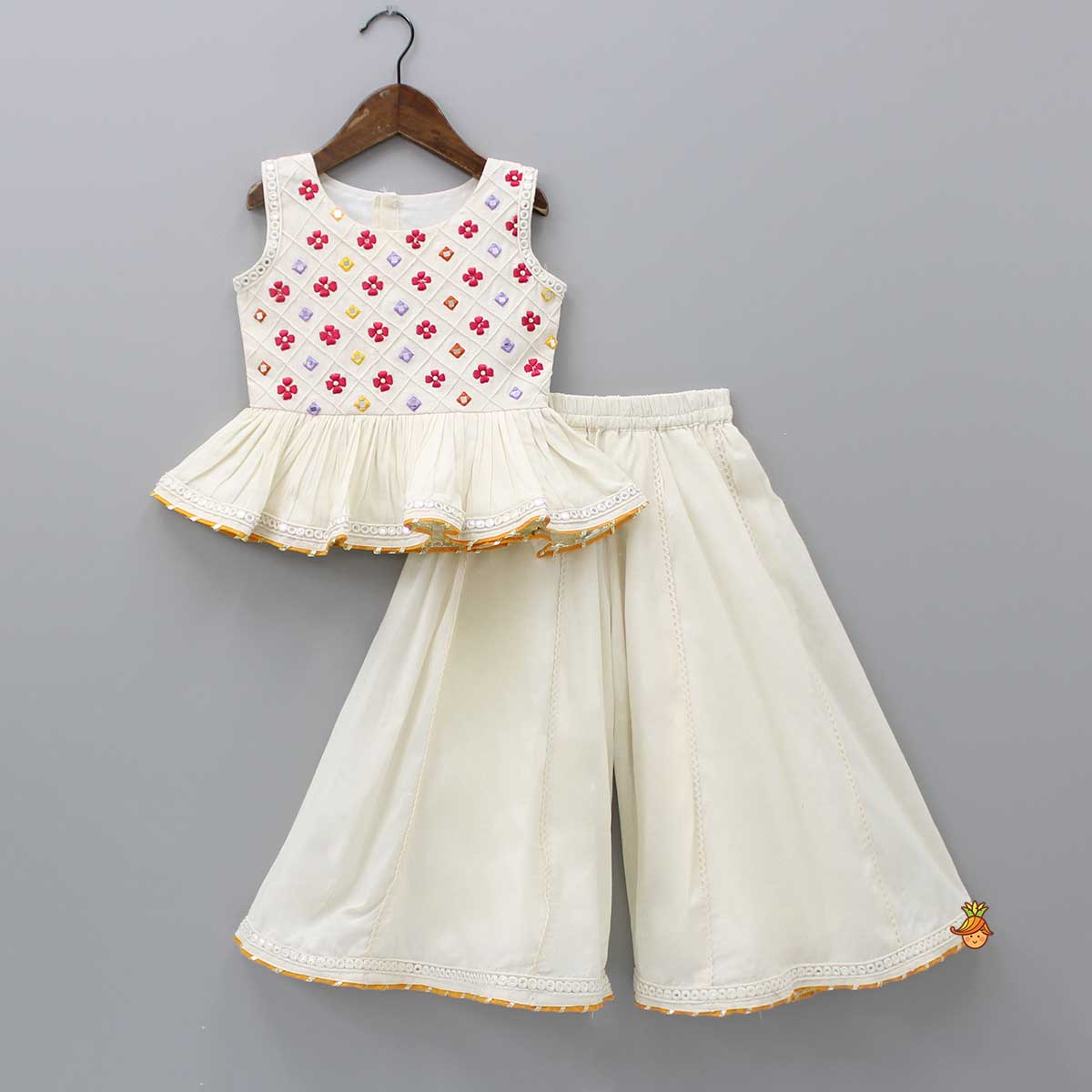 Off White Faux Mirror Work Top And Flared Palazzo