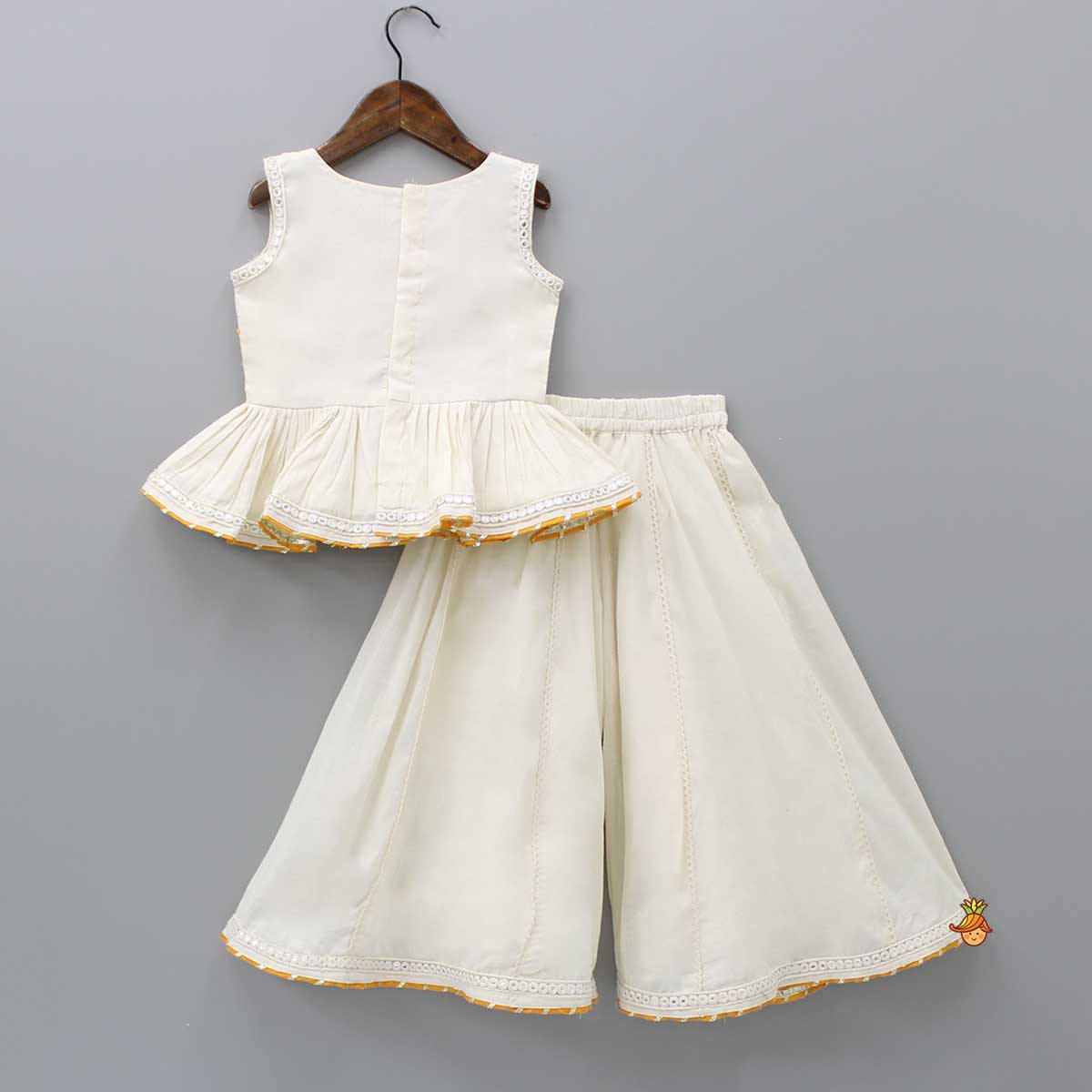 Off White Faux Mirror Work Top And Flared Palazzo