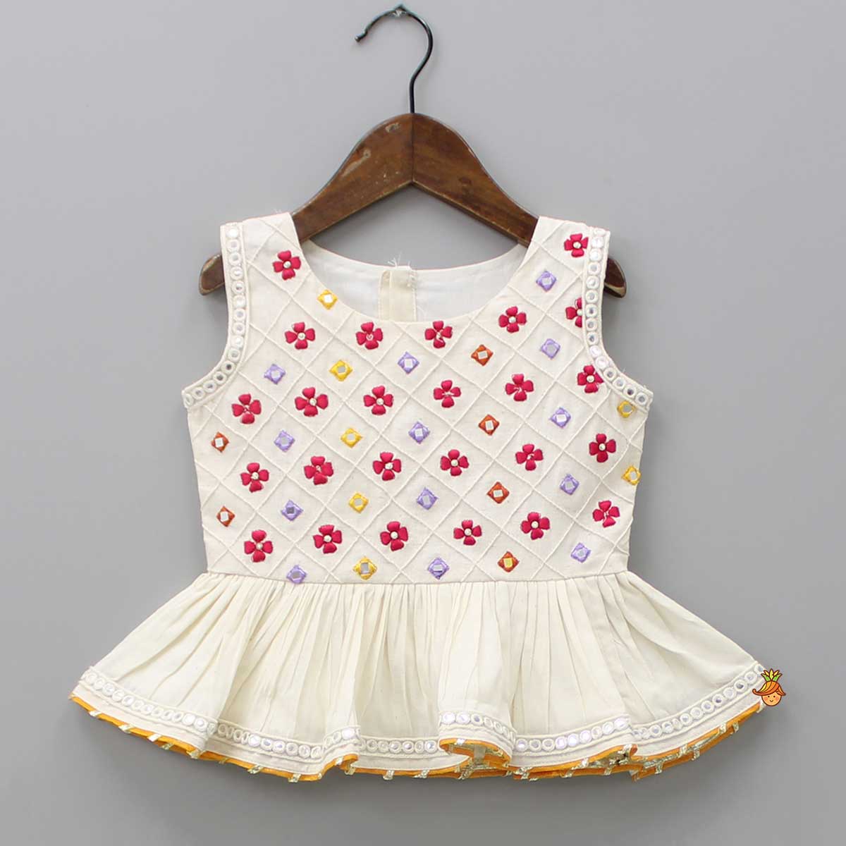 Off White Faux Mirror Work Top And Flared Palazzo