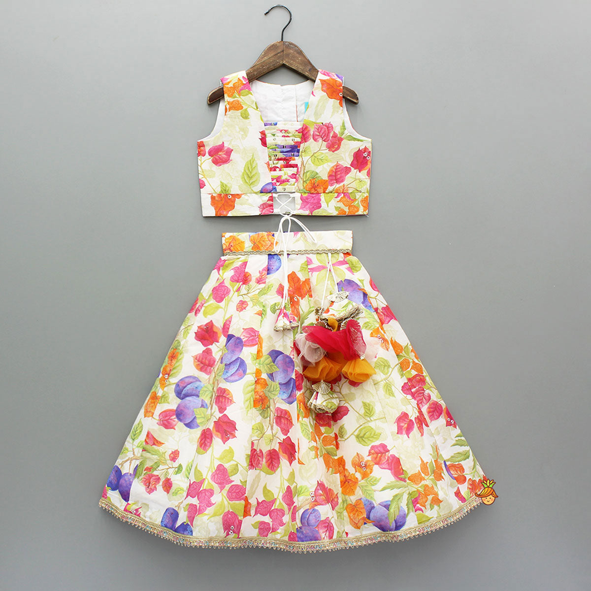 Multicolour Floral Printed Top And Lehenga With Net Dupatta