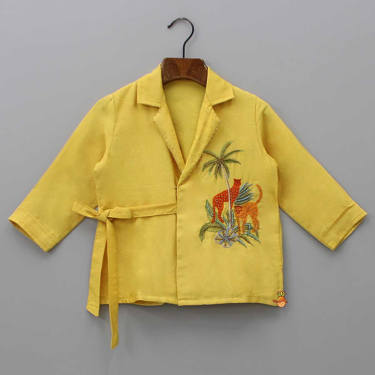 Animal Embroidered Front Overlap Shirt With Tie-Ups And Pant