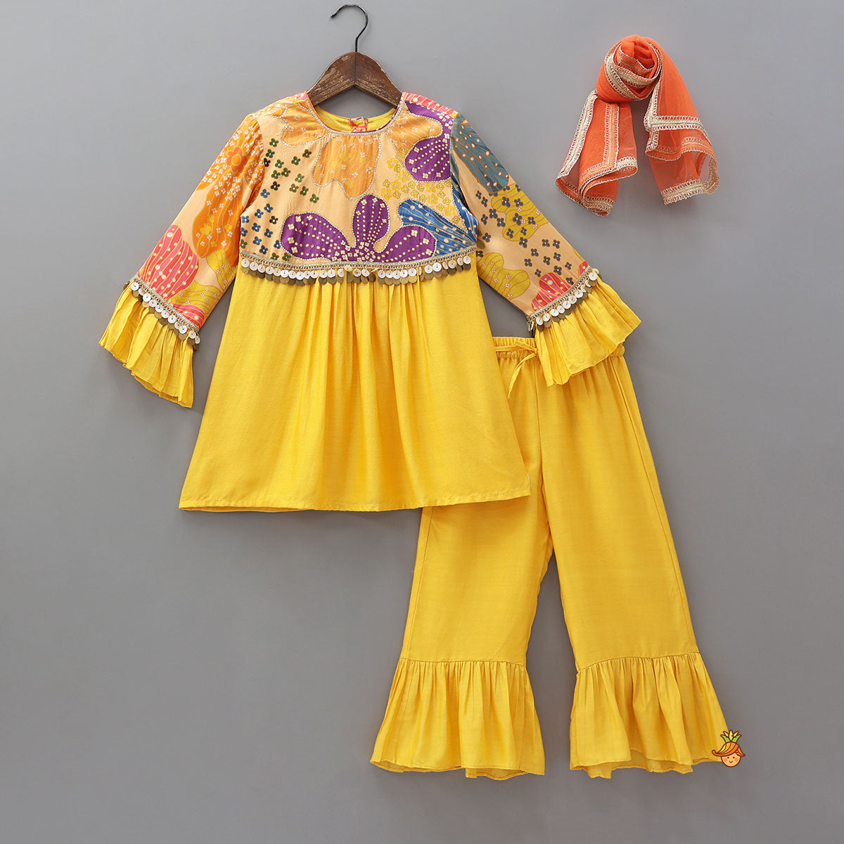 Sequins Floral Printed Kurti With Palazzo And Net Dupatta