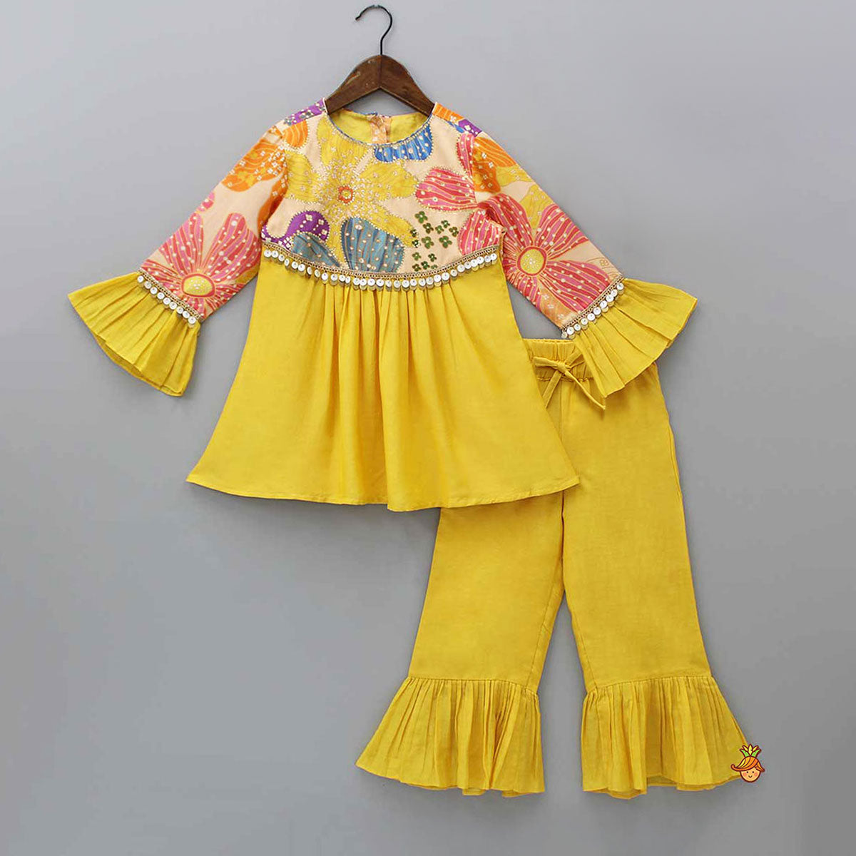 Sequins Floral Printed Kurti With Palazzo And Net Dupatta