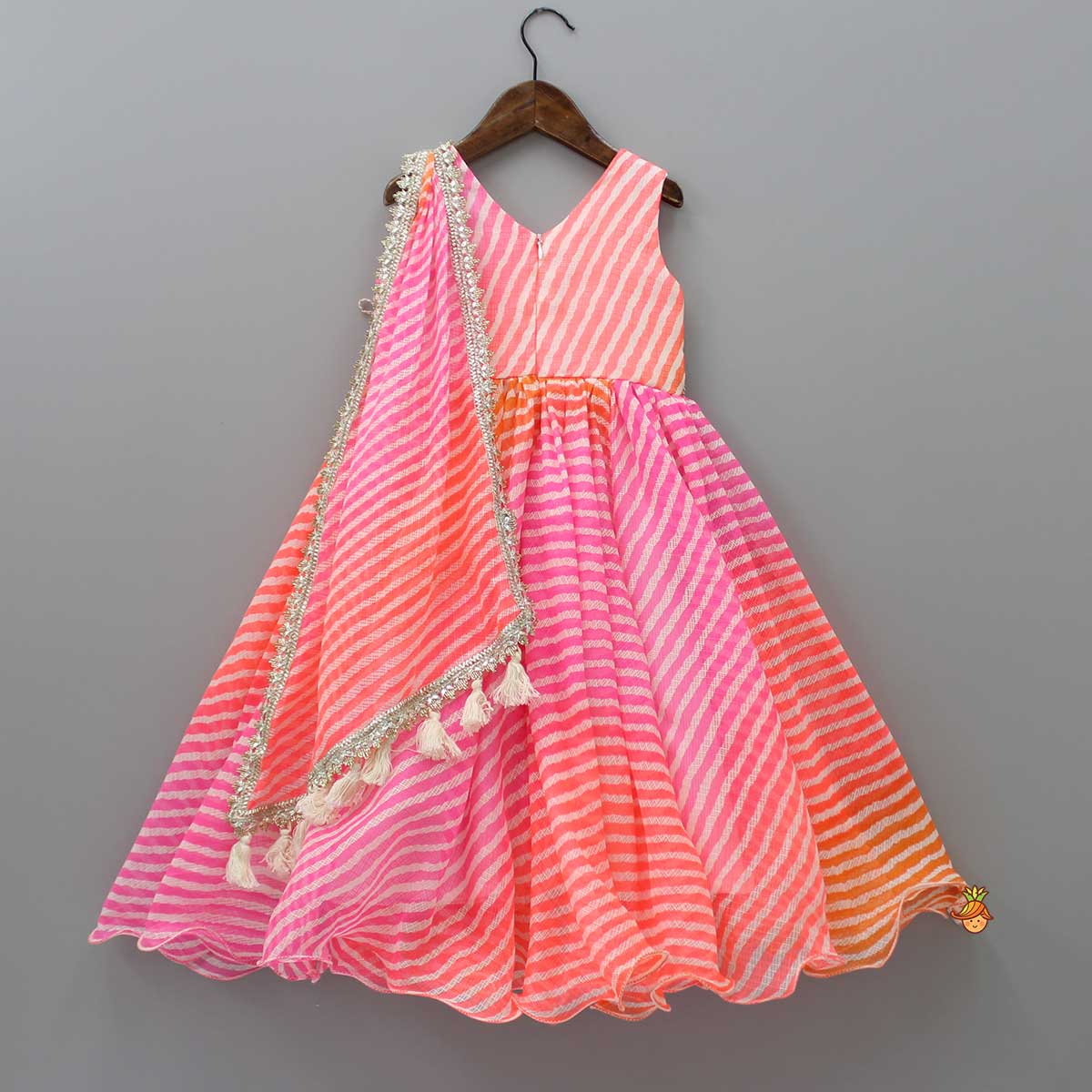 Multicolour Leheriya Printed Anarkali With One Side Flap And Attached Dupatta