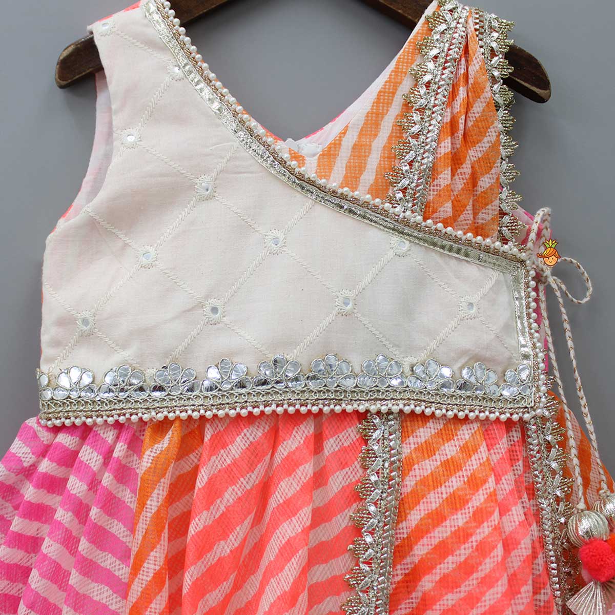 Multicolour Leheriya Printed Anarkali With One Side Flap And Attached Dupatta