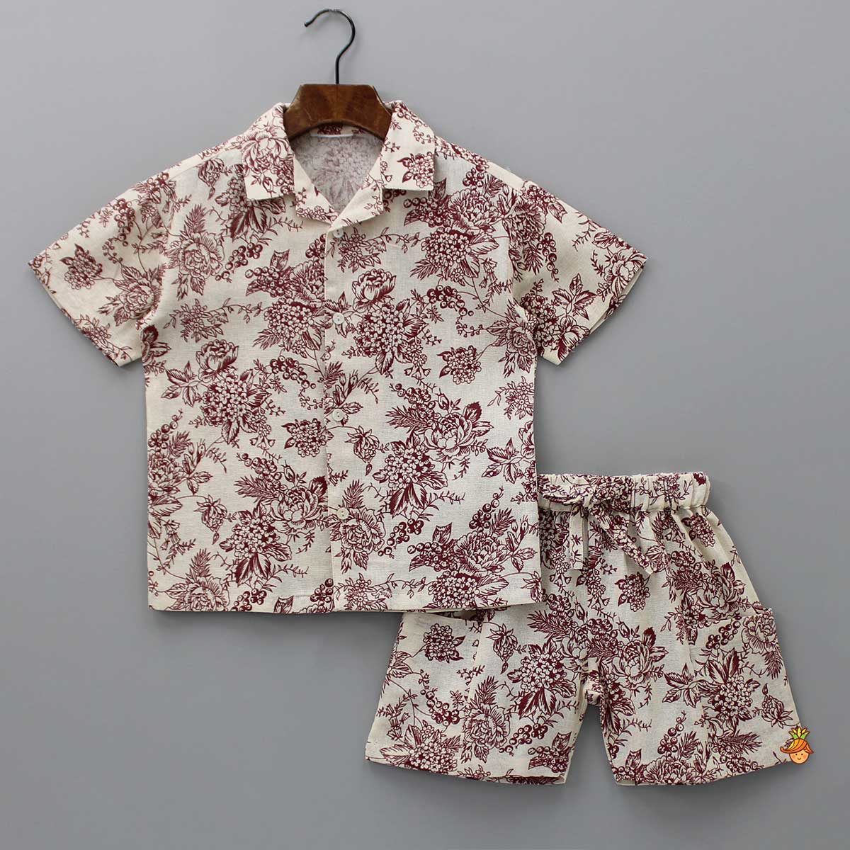 Floral Printed Beige Shirt And Shorts