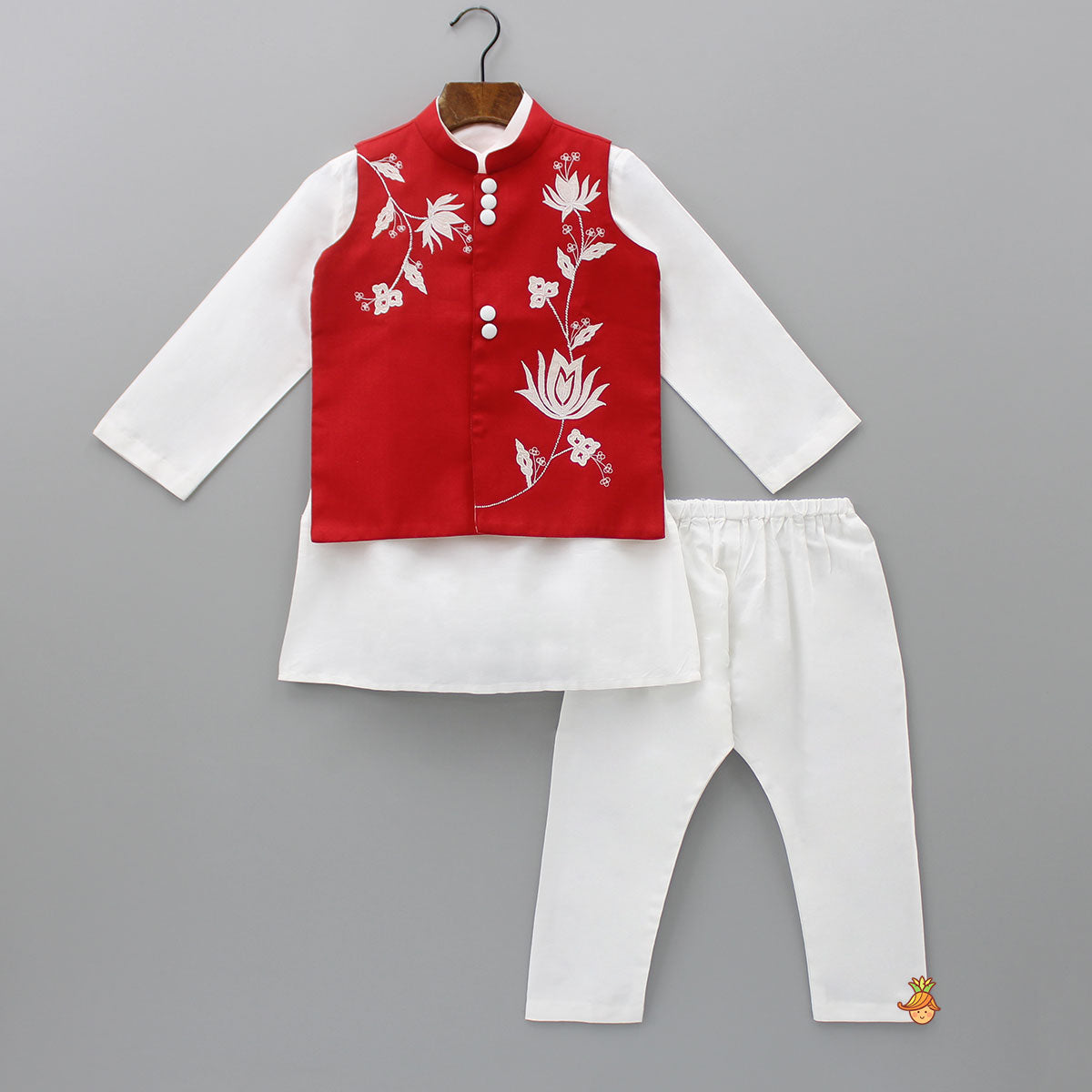Plain Kurta And Thread Embroidered Jacket With Pyjama