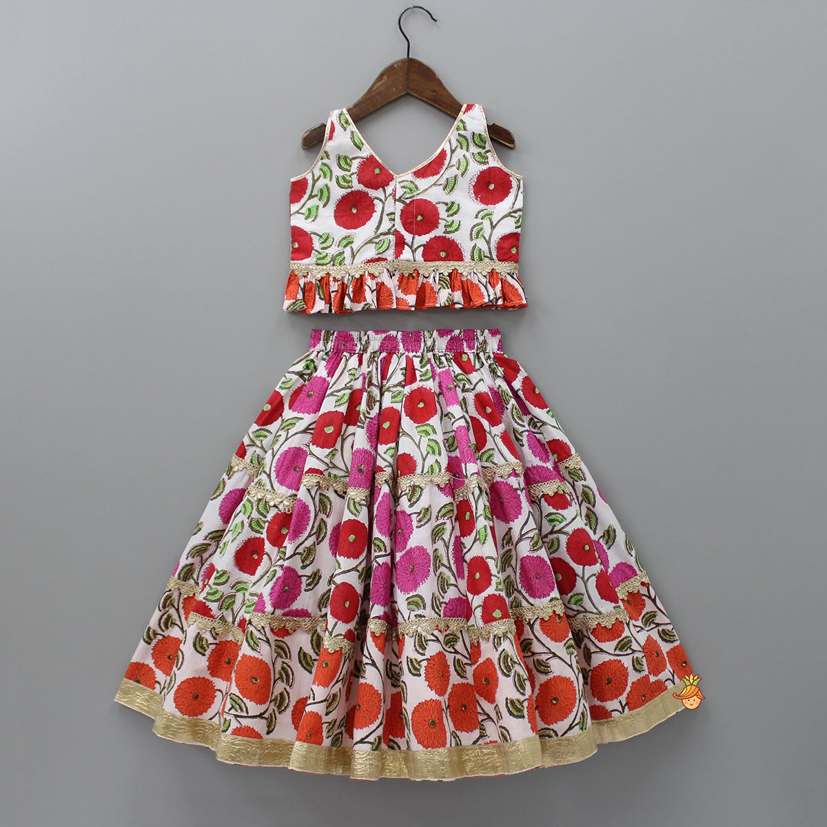 Floral Printed Ruffled Top With Lehenga And Net Dupatta