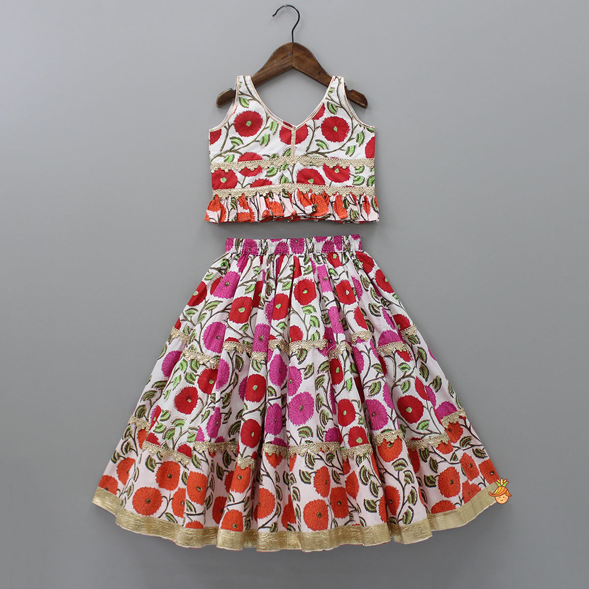 Floral Printed Ruffled Top With Lehenga And Net Dupatta
