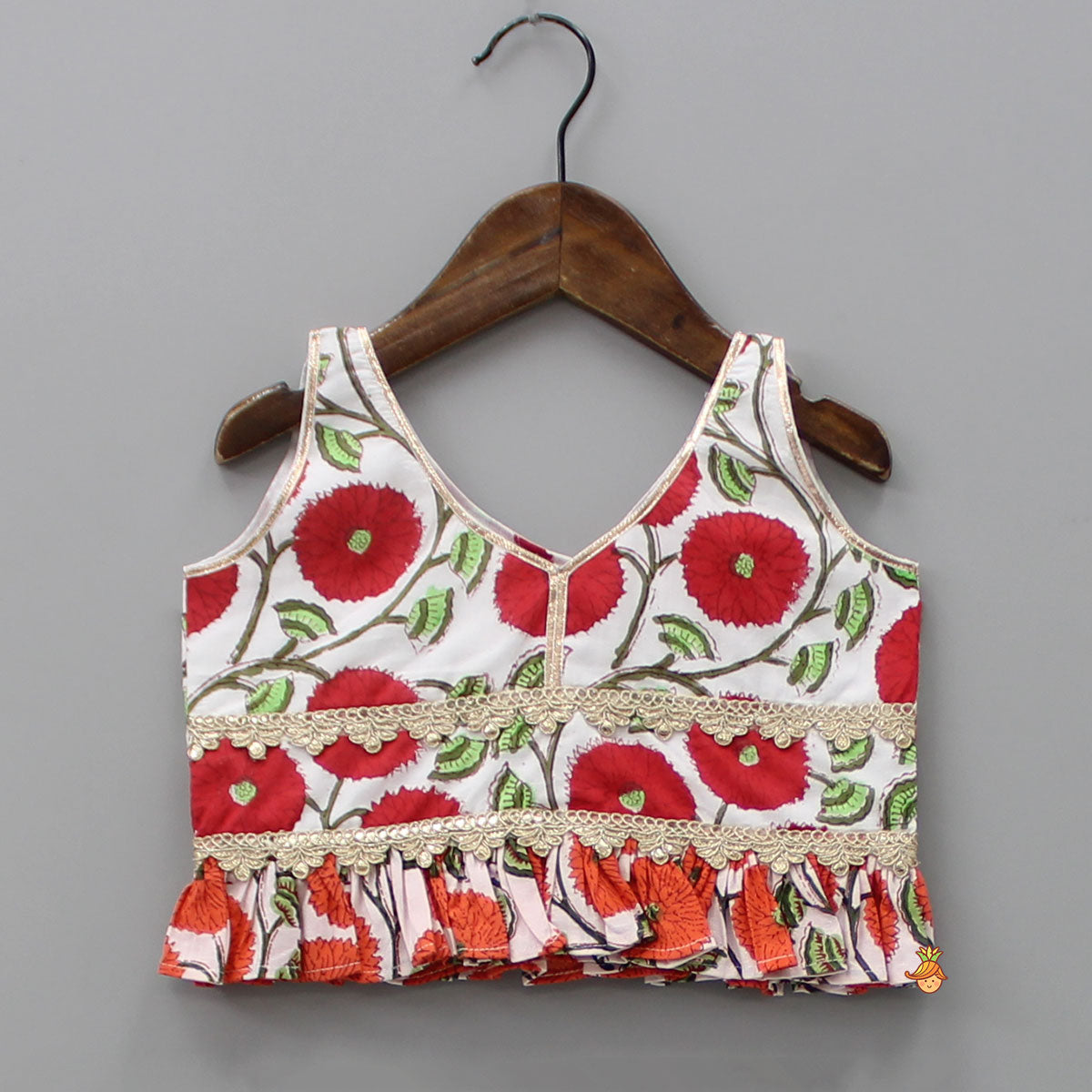 Floral Printed Ruffled Top With Lehenga And Net Dupatta