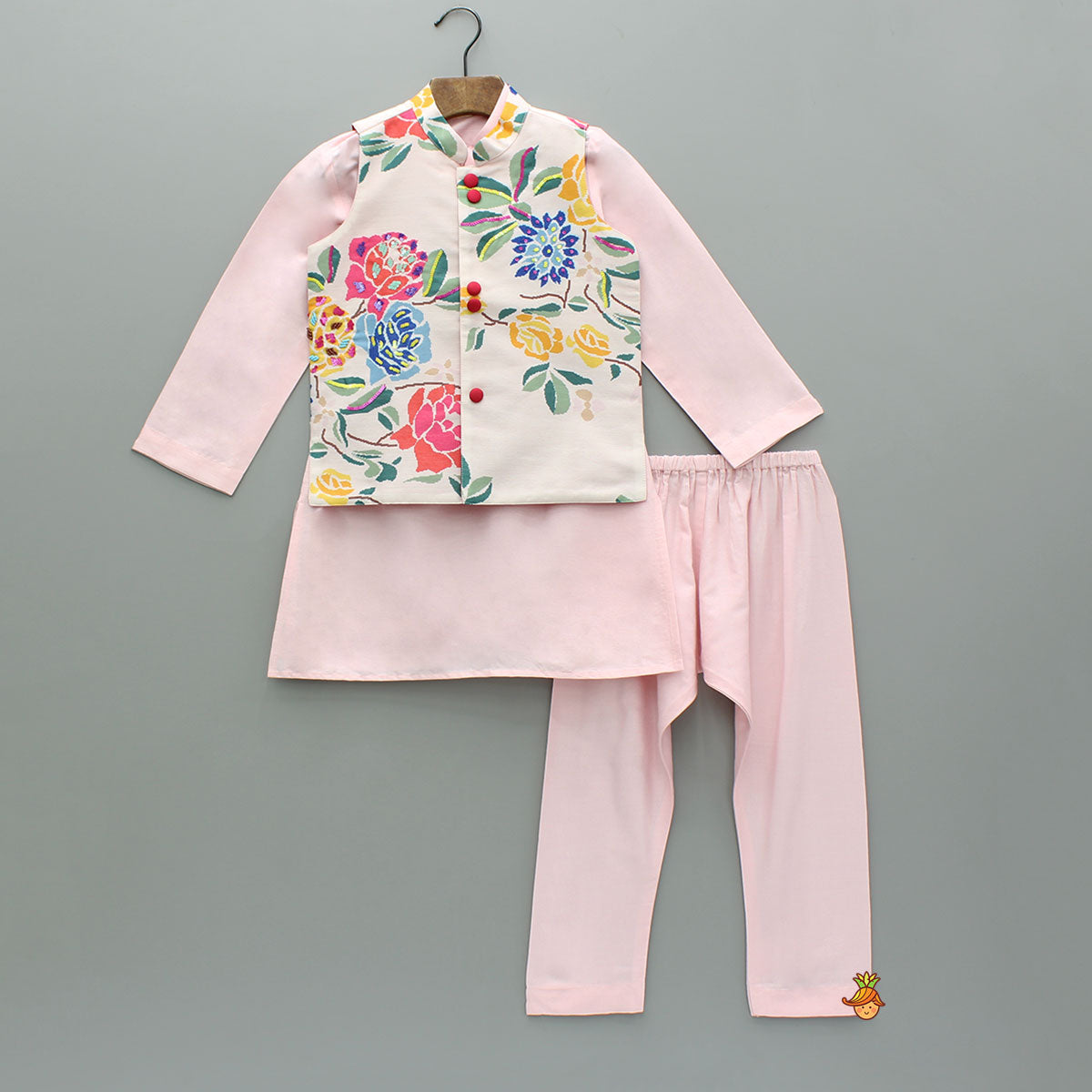 Pink Kurta With Hand Embroidered Floral Printed Jacket And Pyjama