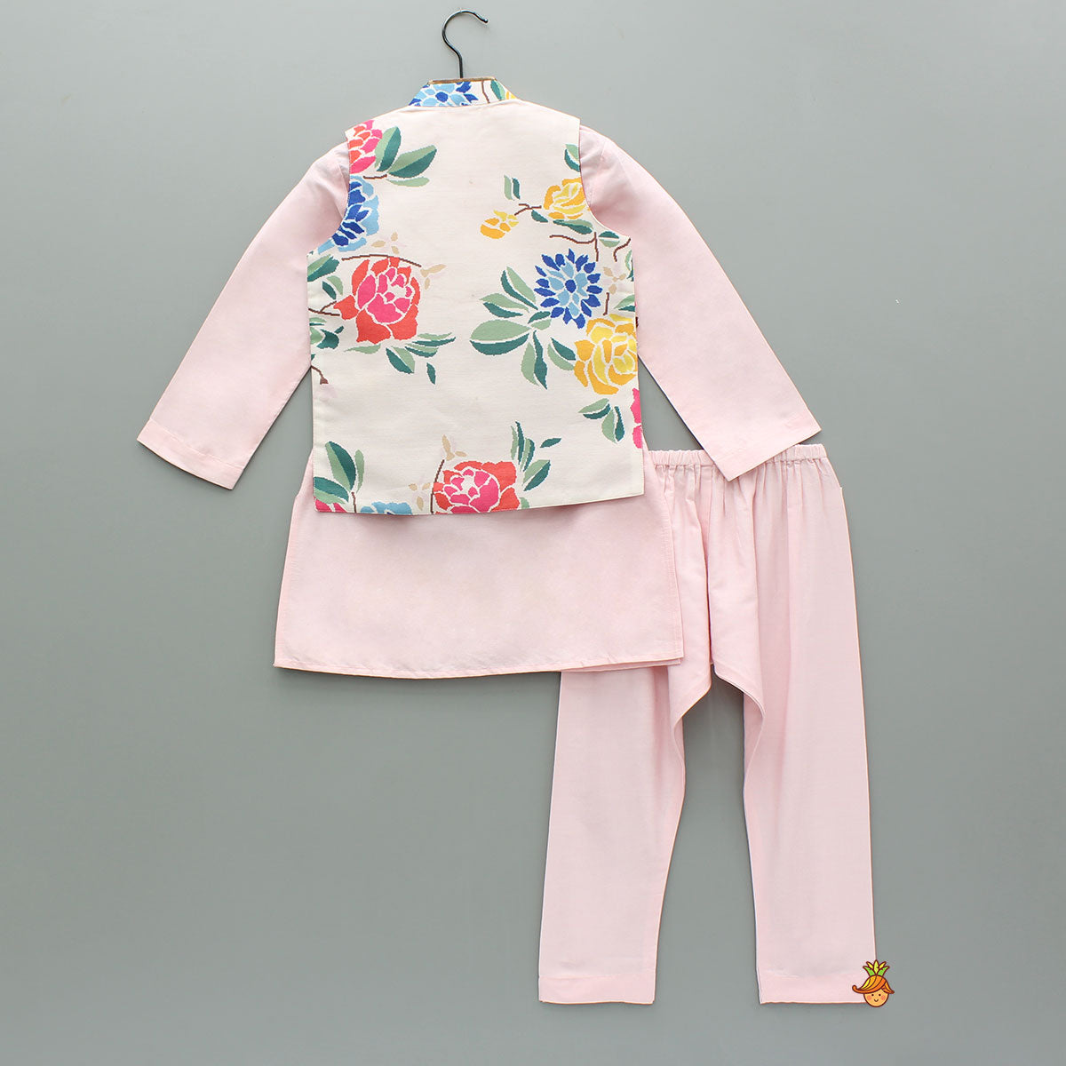 Pink Kurta With Hand Embroidered Floral Printed Jacket And Pyjama