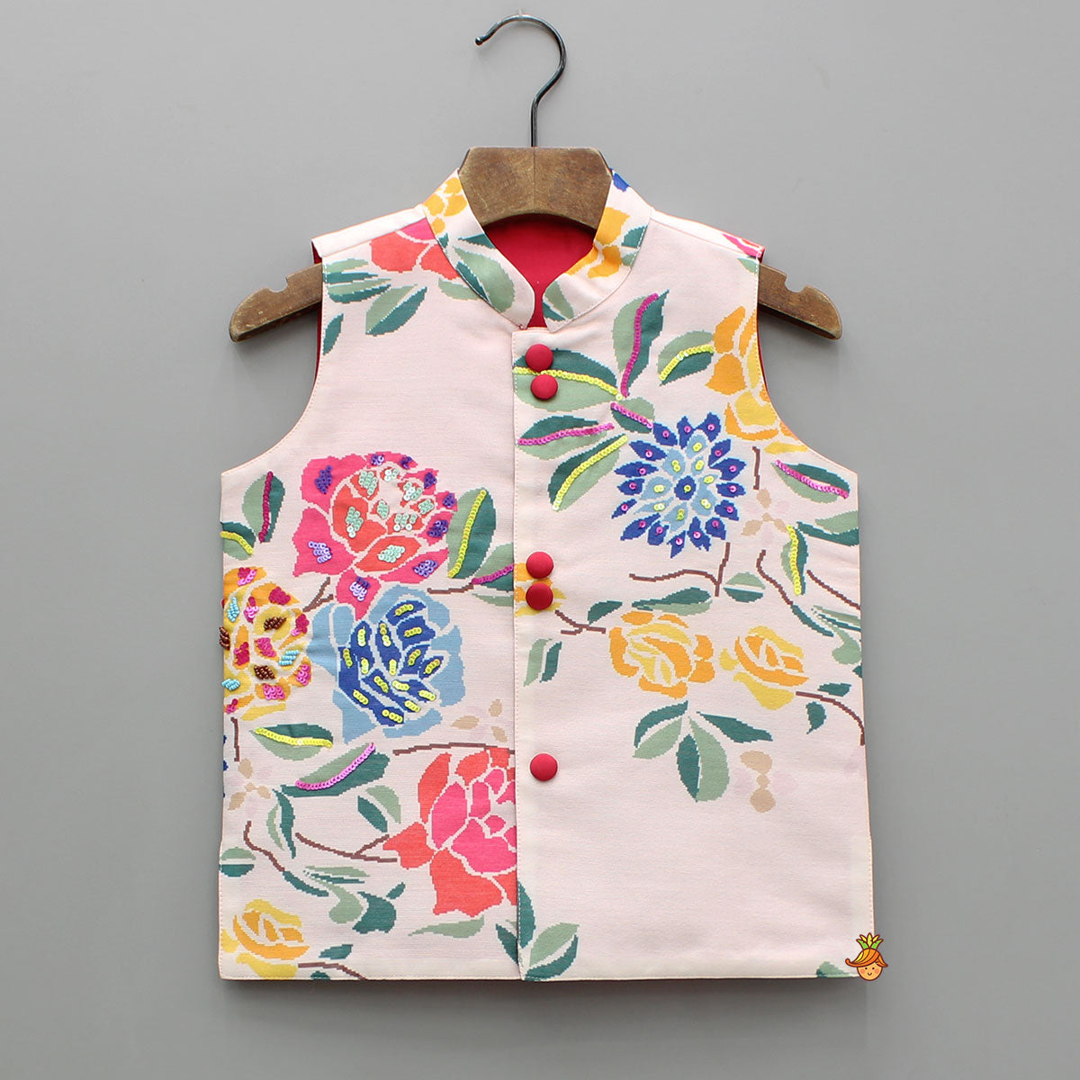Pink Kurta With Hand Embroidered Floral Printed Jacket And Pyjama