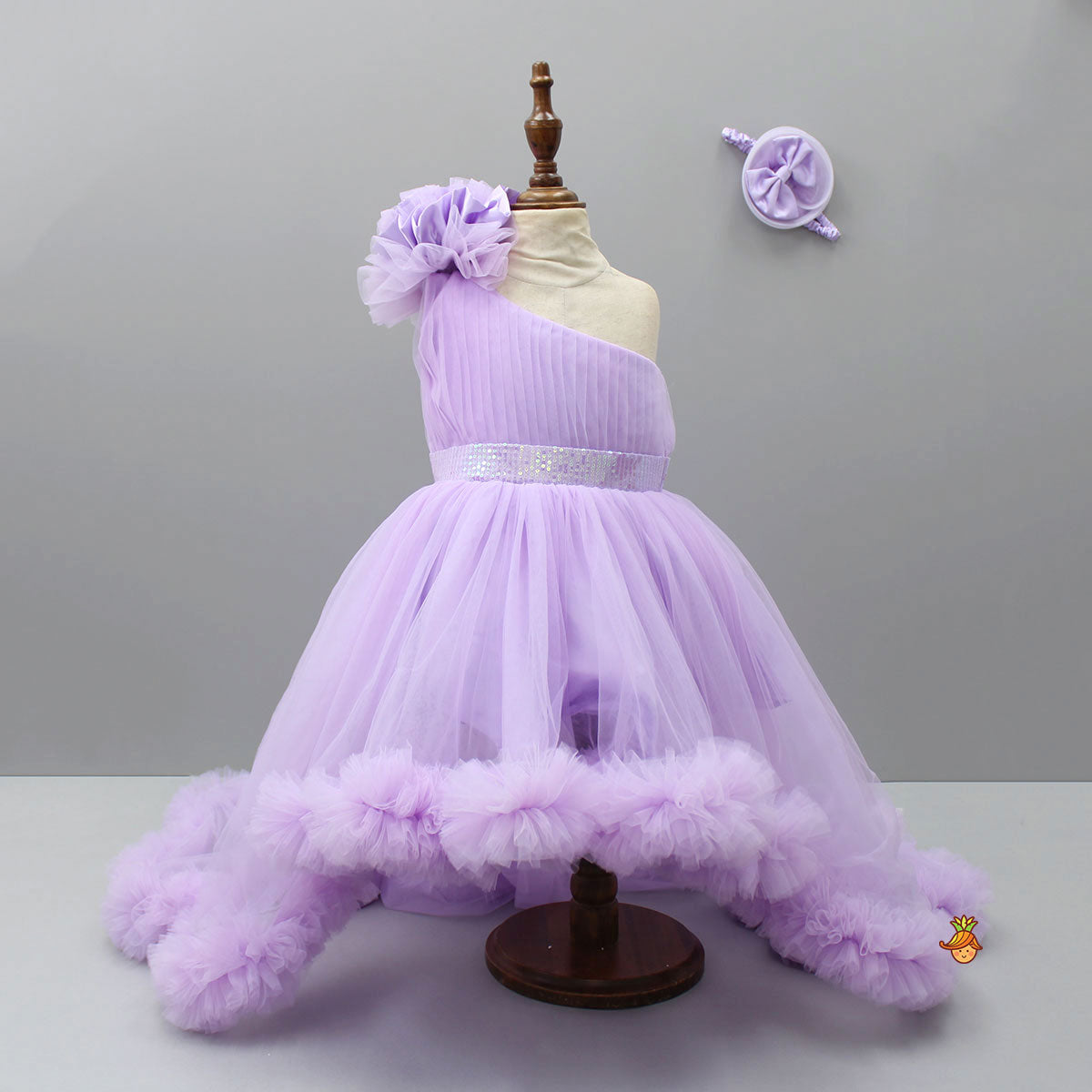 One Shoulder Flower Embellished High Low Dress With Matching Swirled Bow Headband for 2 - 3 Years - Dresses - By Little Muffet One Shoulder Flower Embellished High Low Dress With Matching Swirled Bow Headband for 2 - 3 Years - Dresses - By Little Muffet