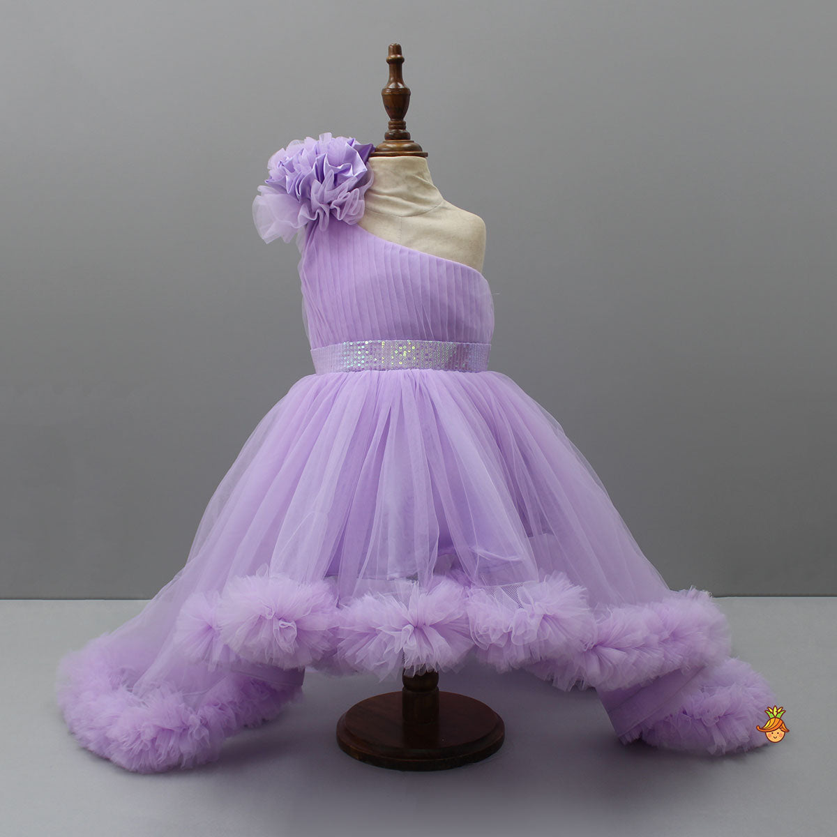One Shoulder Flower Embellished High Low Dress With Matching Swirled Bow Headband