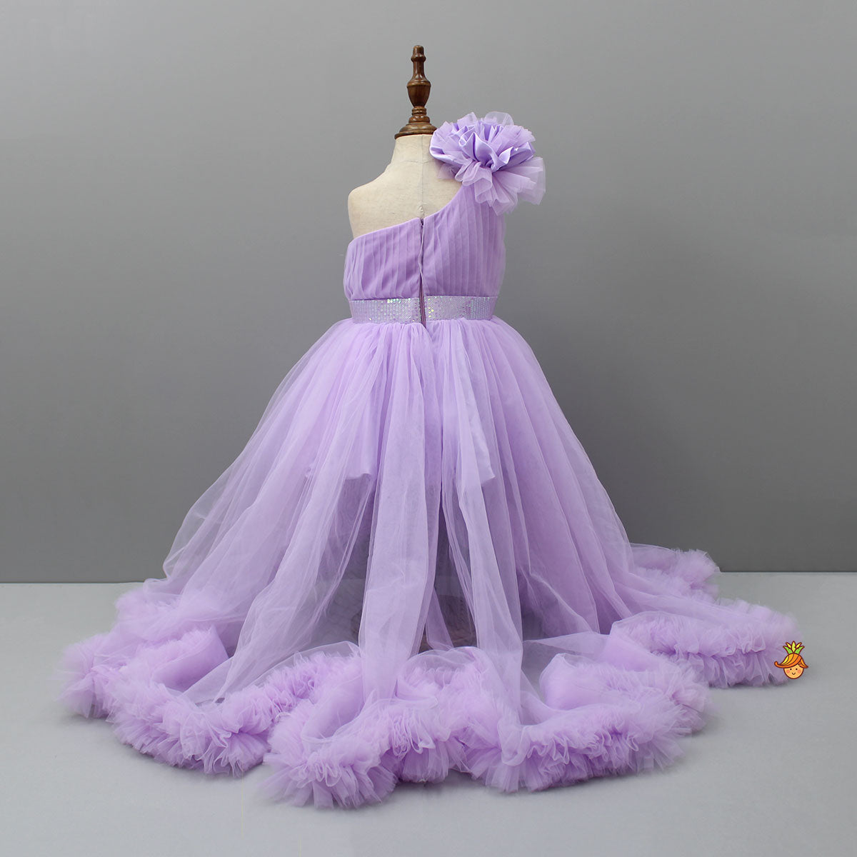 One Shoulder Flower Embellished High Low Dress With Matching Swirled Bow Headband