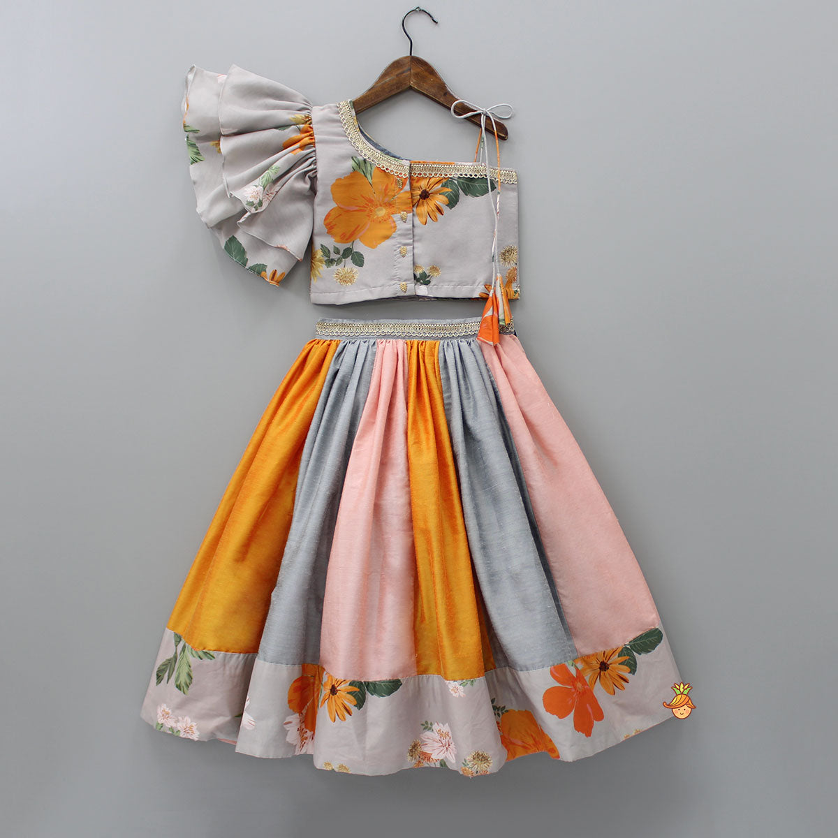 Multicolour Floral Printed One Shoulder Top And Flared Lehenga With Net Dupatta