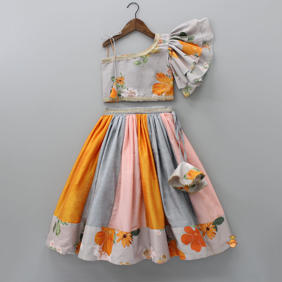 Multicolour Floral Printed One Shoulder Top And Flared Lehenga With Net Dupatta