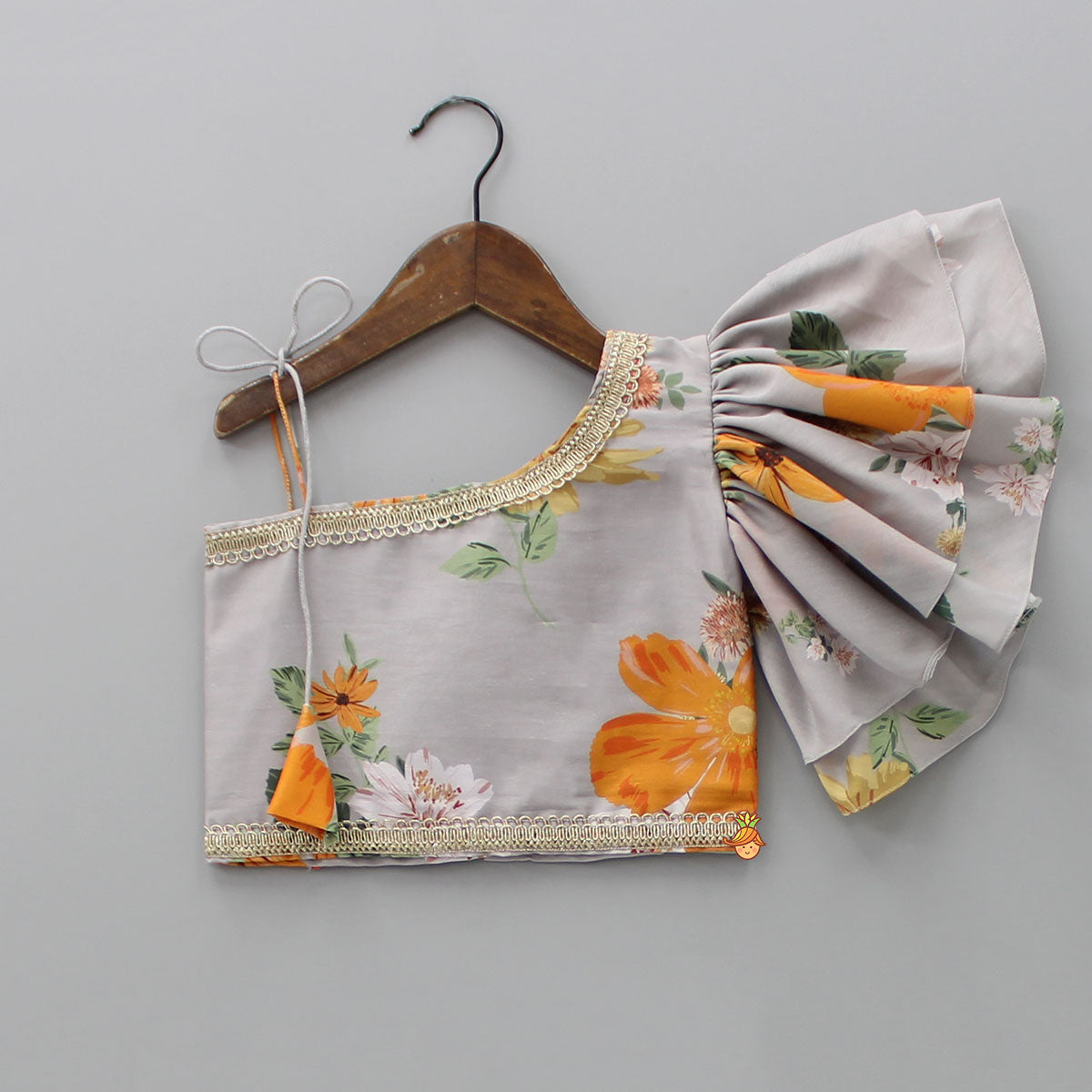 Multicolour Floral Printed One Shoulder Top And Flared Lehenga With Net Dupatta