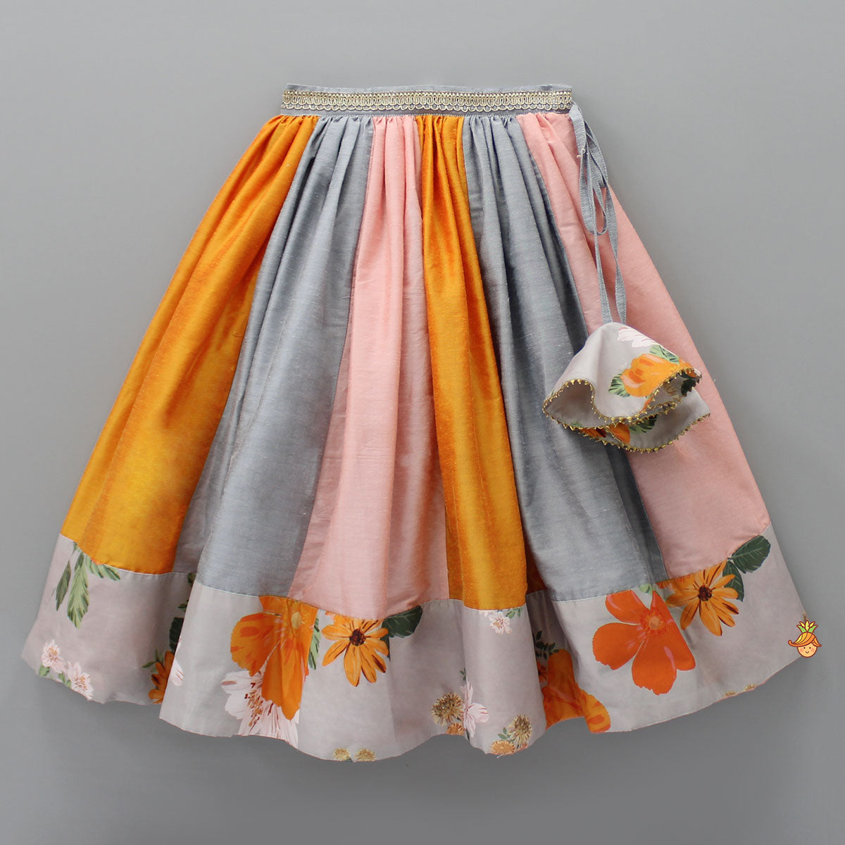 Multicolour Floral Printed One Shoulder Top And Flared Lehenga With Net Dupatta